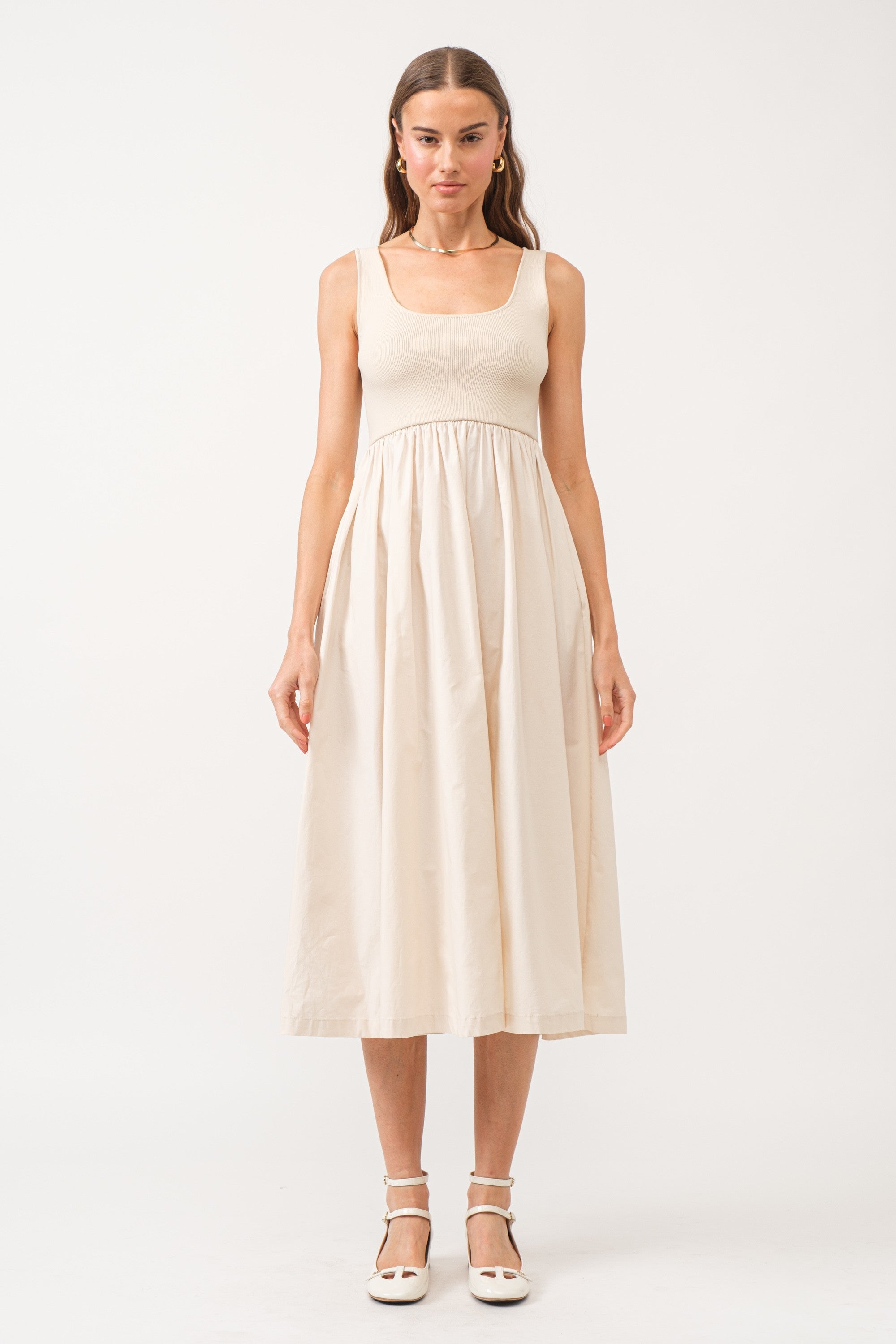 Beige Sleeveless A-Line Midi Dress for Women - Summer Casual Flowy Dress for Beach, Party & Everyday Wear