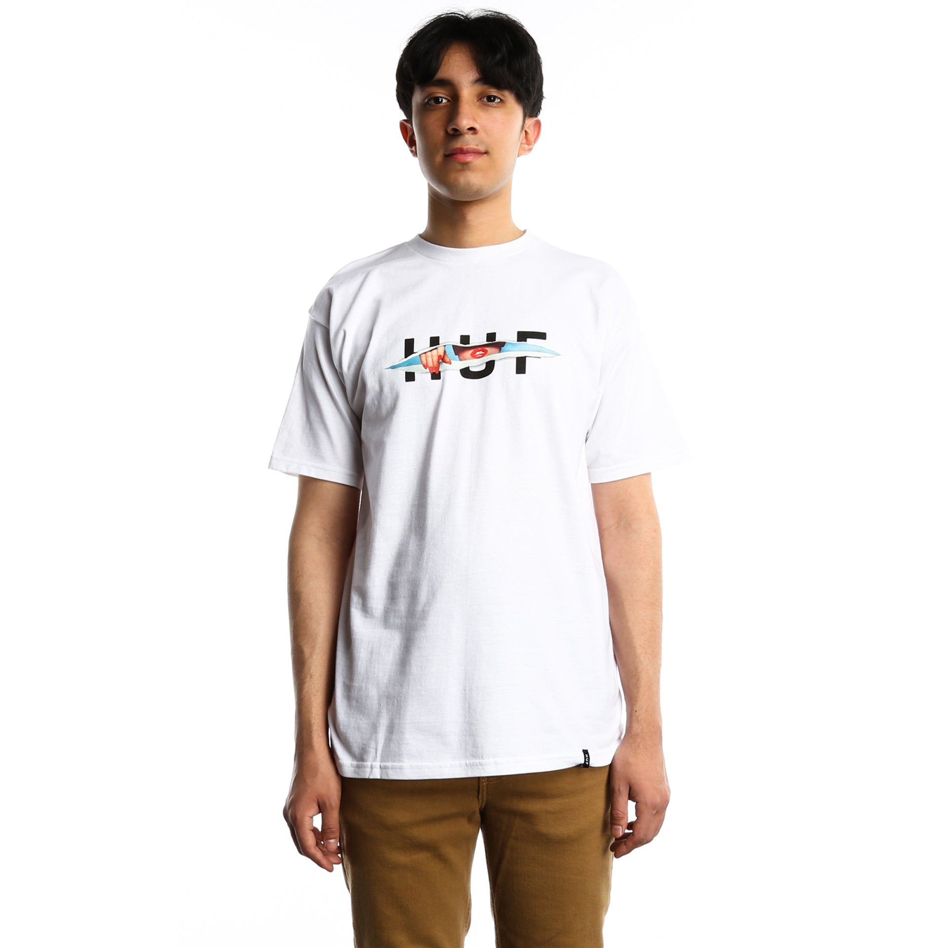 HUF OG Logo Ripped Tee - Vintage Distressed White T-Shirt for Men | Streetwear Fashion, Skate Style & Casual Outfits