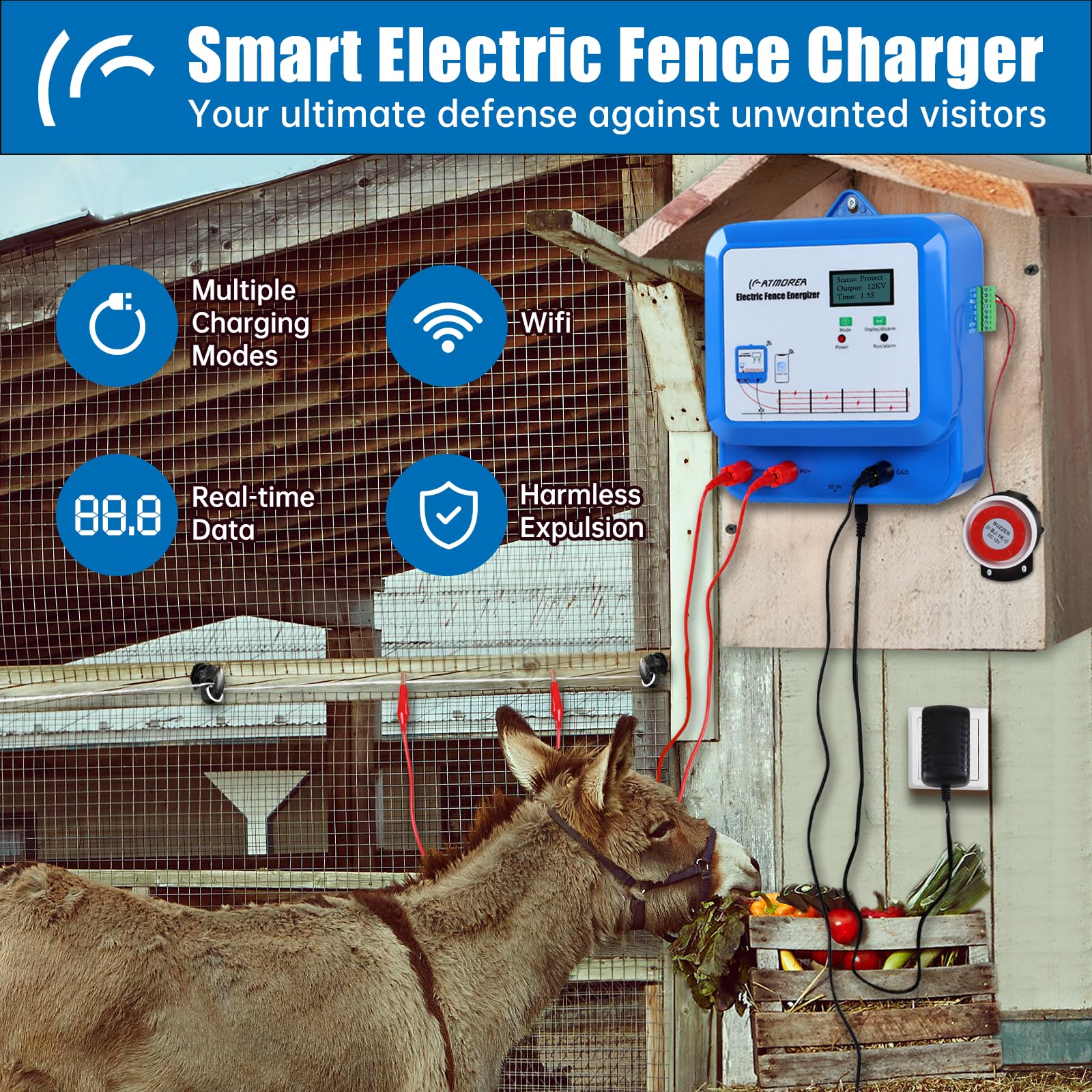 Smart Electric Fence Charger with Dual Alarm - Adjustable 1.5/2/3 Joules Energizer for Mobile & Remote Control - Perfect for Poultry, Livestock, Garden & Yard Protection - Ideal for Farm Security & Animal Containment