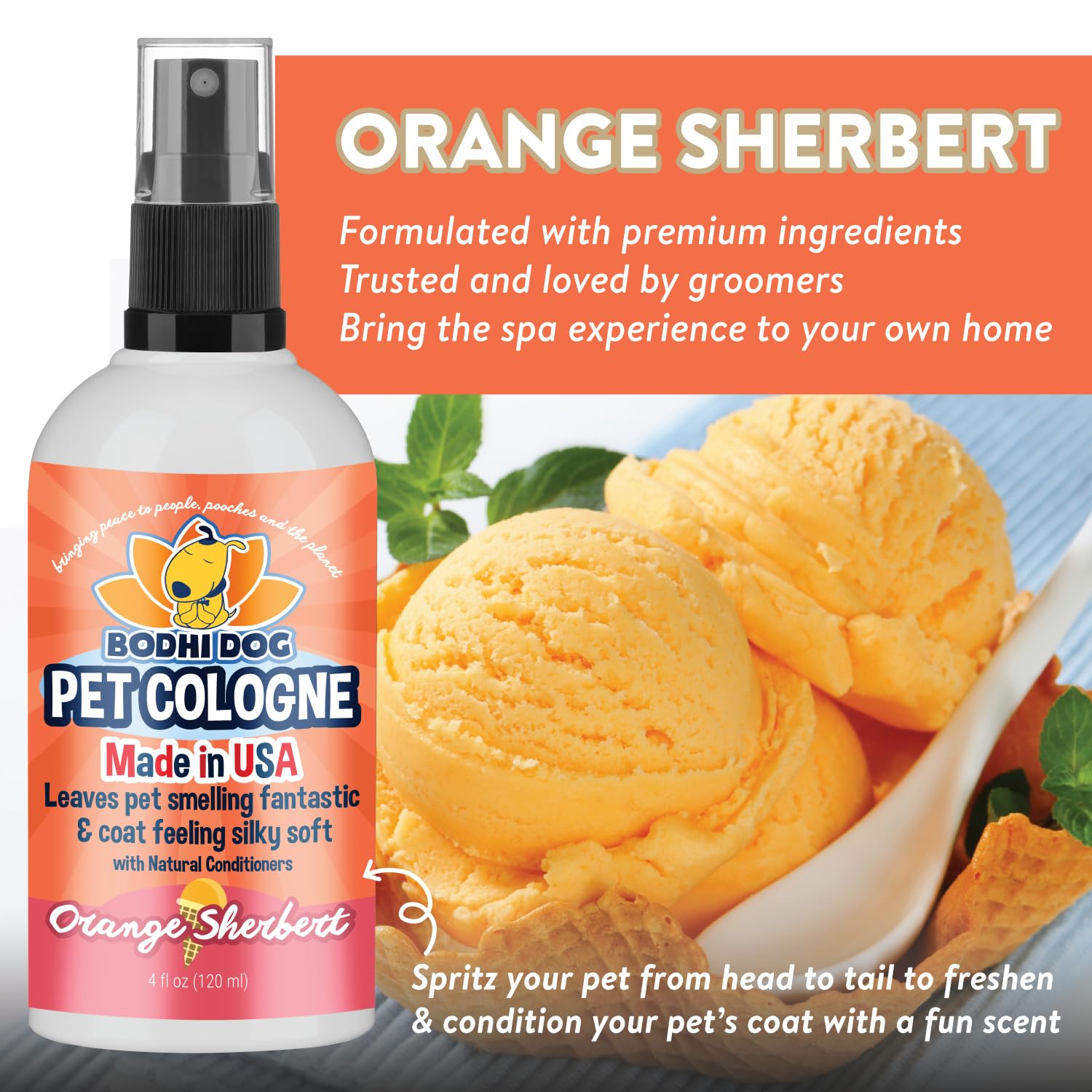Bodhi Dog Natural Dog Cologne - Orange Sherbert Scented Pet Perfume Spray with Deodorizer & Conditioner for Dogs & Cats | Gentle, Safe Formula Made in USA | Keeps Pets Fresh Between Baths | Perfect for Grooming, Travel & Daily Use (4 Fl Oz)