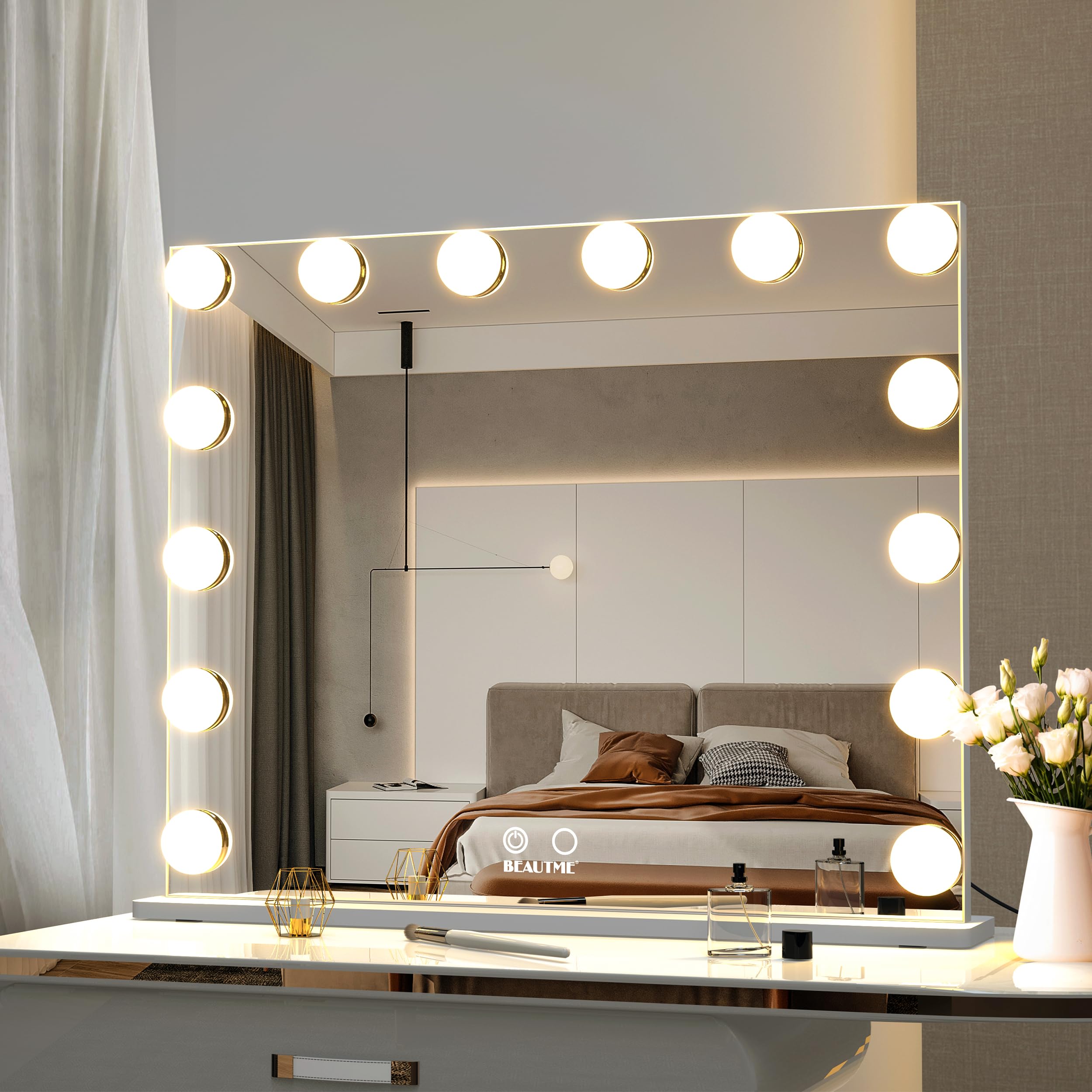 BEAUTME Large Hollywood Lighted Makeup Mirror with Smart Touch Button - 360° Adjustable Vanity Mirror with LED Lights for Tabletop or Wall Mounted - Perfect for Makeup, Skincare & Hair Styling at Home or Salon