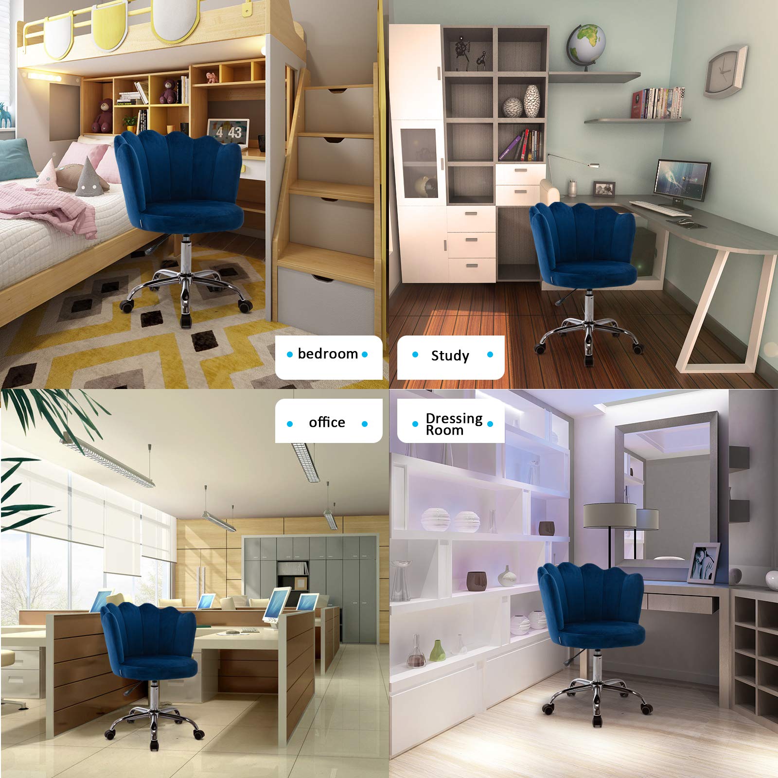 Modern Velvet Swivel Chair - Mid Century Upholstered Accent Chair with Adjustable Height | Velvet Desk Chair & Vanity Stool for Living Room, Bedroom & Home Office | Blue Velvet Leisure Armchair for Reading, Working & Relaxing