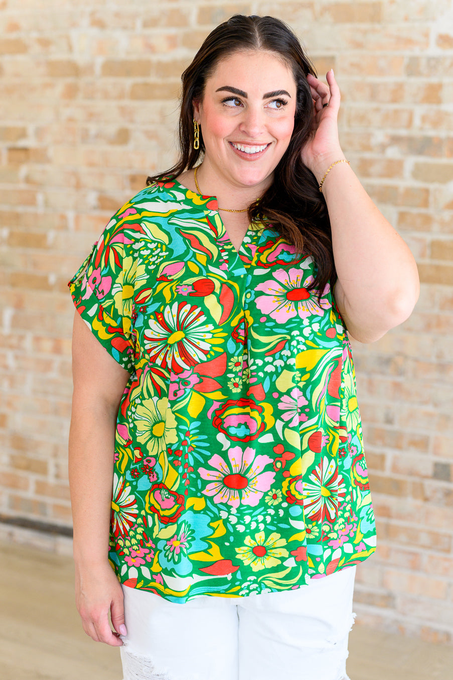 Lizzy Cap Sleeve Top - Vintage Green Floral Print Women's Blouse | Perfect for Spring Outfits, Date Nights & Office Wear