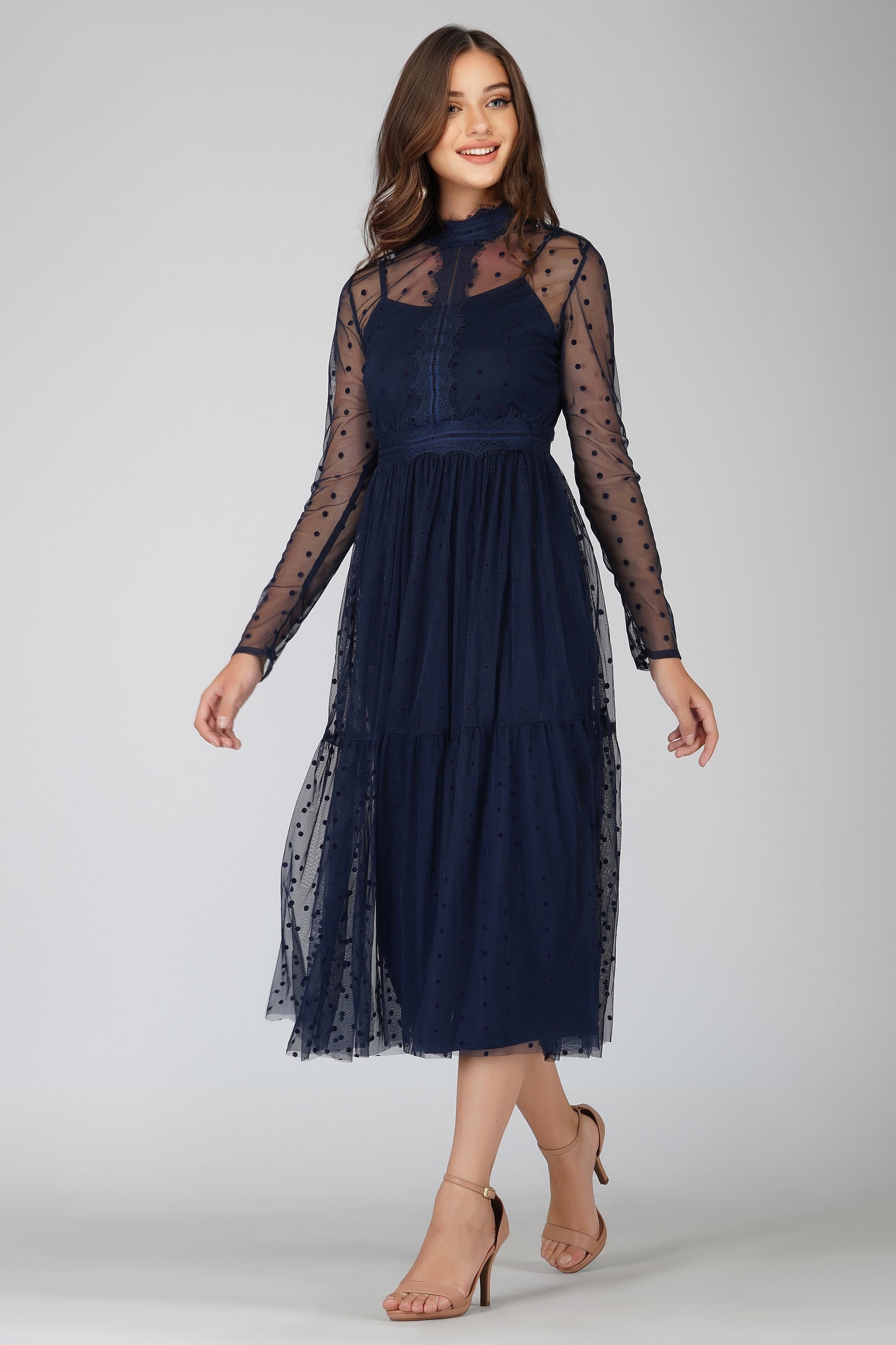 Roman Lola Navy Blue Polka Dot Midi Dress - Flowy Summer Dress for Women, Perfect for Beach Vacations, Brunch Dates & Casual Outings