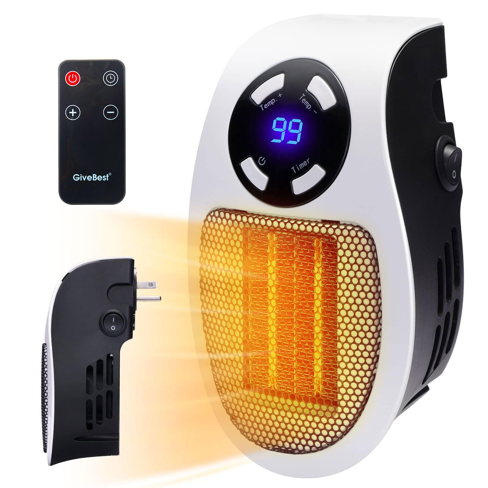 GiveBest 450W Programmable Space Heater with LED Display & Remote Control - Wall Outlet Electric Heater with Adjustable Thermostat & Timer - Perfect for Home, Office, Bathroom & Indoor Use - Compact Plug-in Heater (ETL Listed) - Ideal for Winter Warmth, Energy-Efficient Heating & Small Space Comfort
