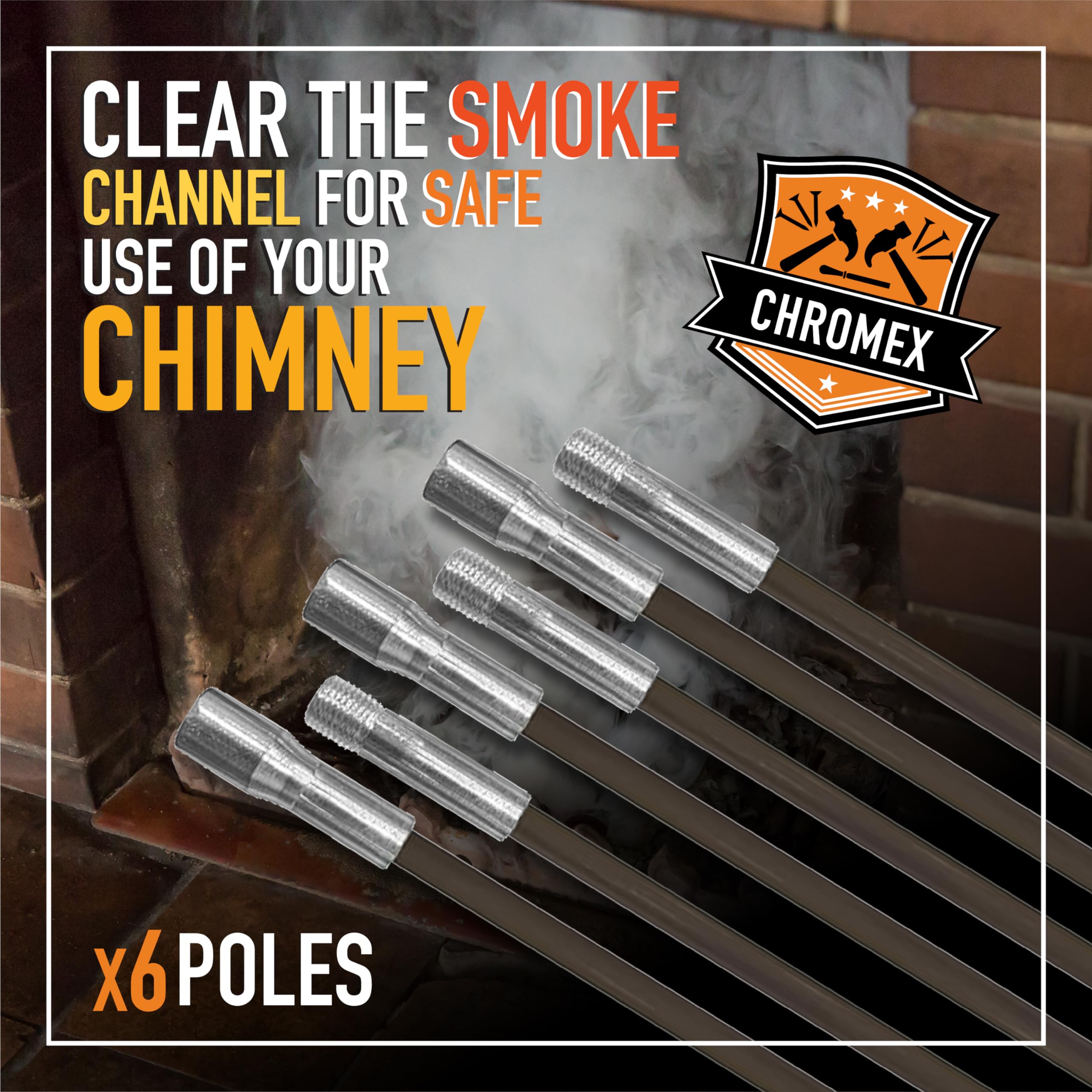 18ft Chimney Cleaning Kit - 6x3ft Fiberglass Rods & 6in Poly Brush for Fireplace Maintenance