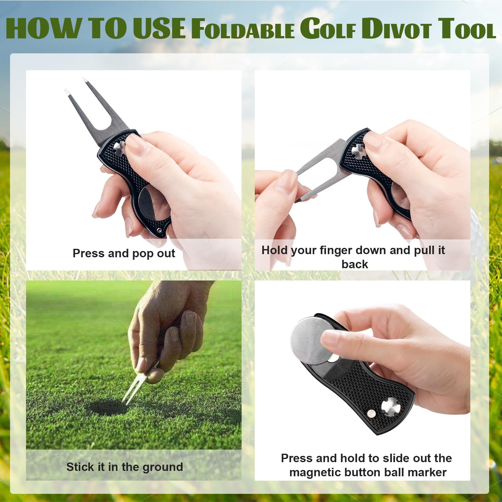 Foldable Golf Divot Repair Tool with Magnetic Ball Marker - Portable Golf Accessories for Course & Practice - Perfect Gift for Golf Lovers (Use on Greens, Driving Range & Tournaments)