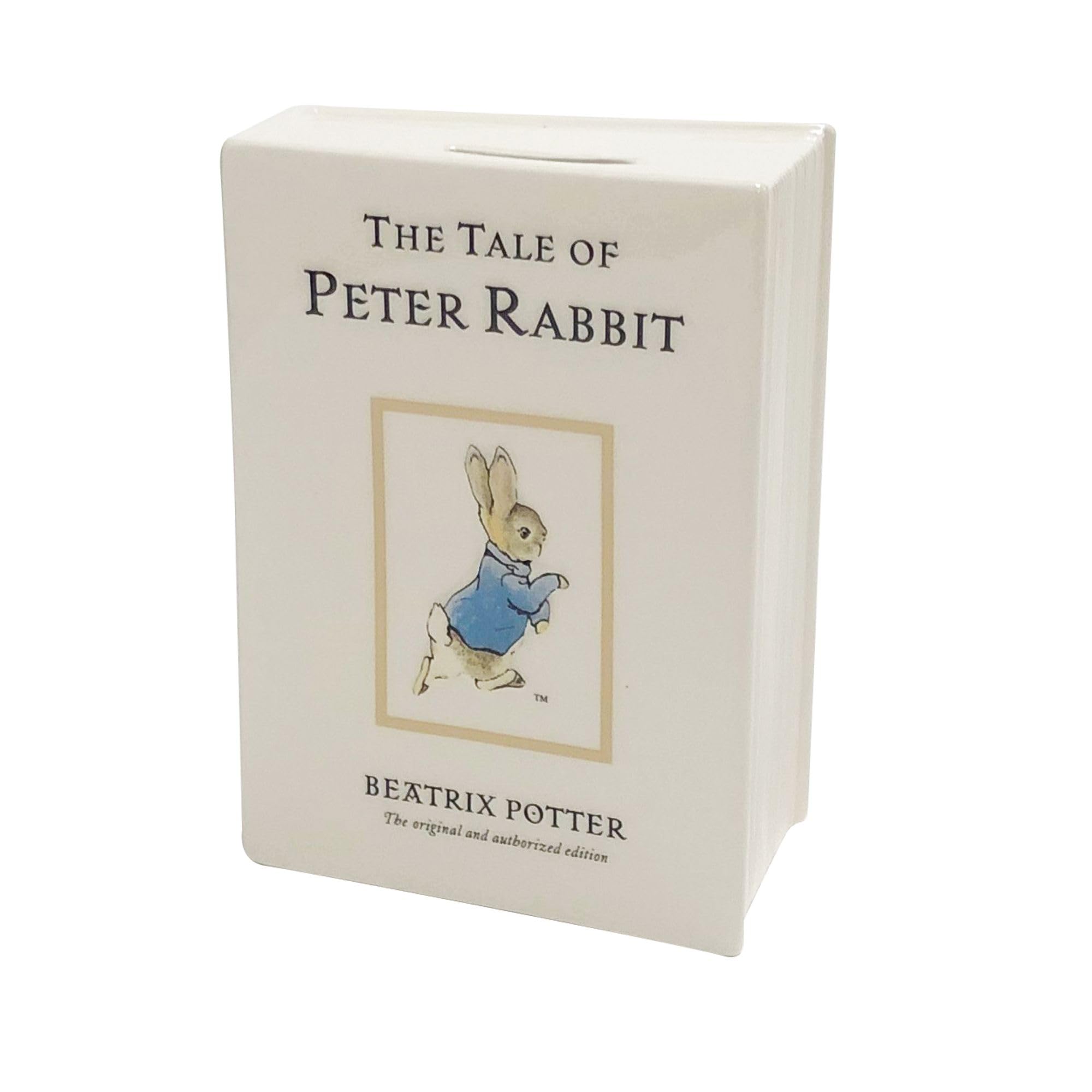 Enesco Beatrix Potter The Tale of Peter Rabbit Book Cover Baby Nursery Coin Bank - 5.71 Inch White Ceramic Piggy Bank for Kids Room Decor, Baby Shower Gift & Money Saving