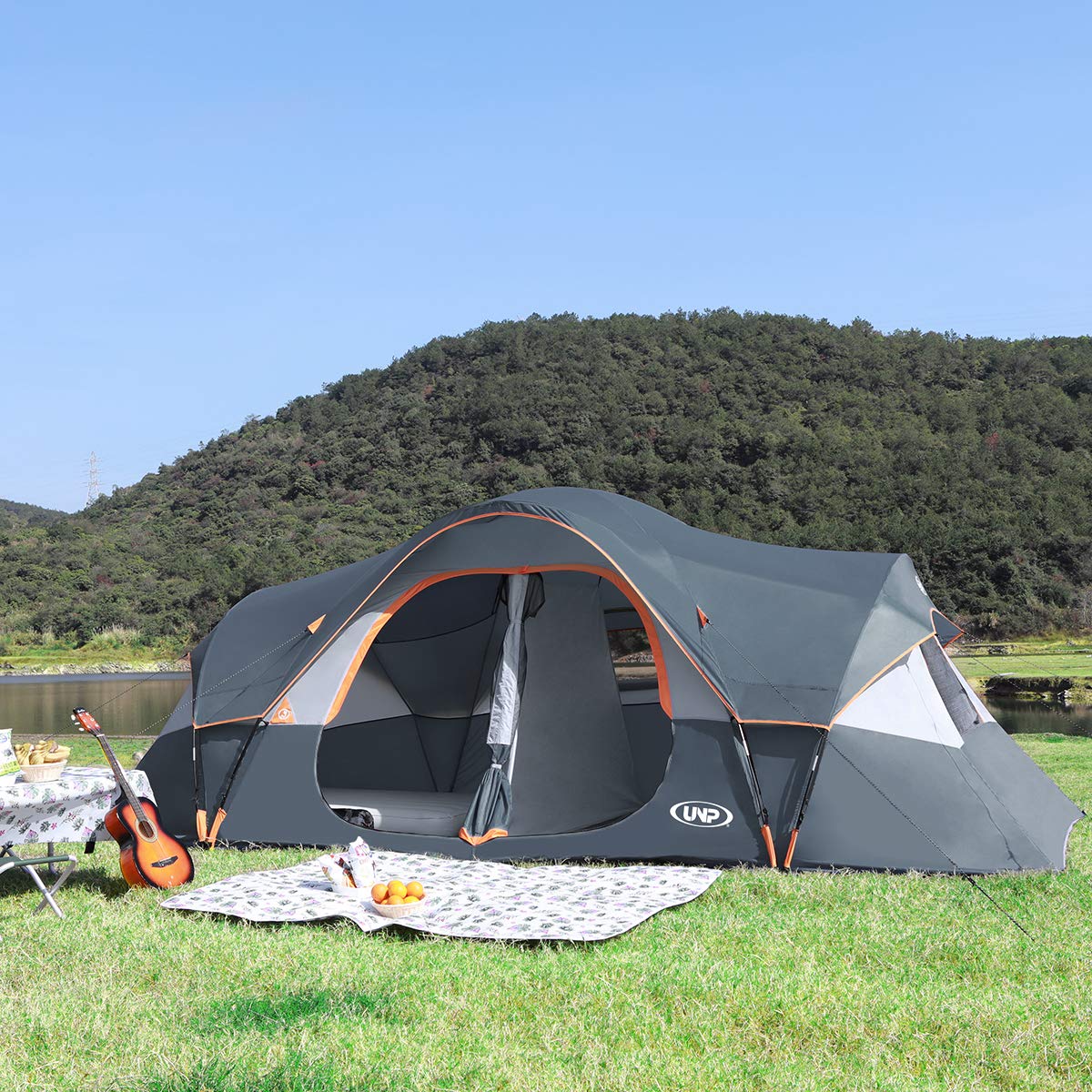 UNP 10-Person Family Camping Tent - Large Easy Setup 2-Room Tent with 5 Mesh Windows, Waterproof & Weather Resistant (18ft x 9ft x 78in) - Perfect for Family Camping, Outdoor Adventures, Music Festivals, and Backyard Parties