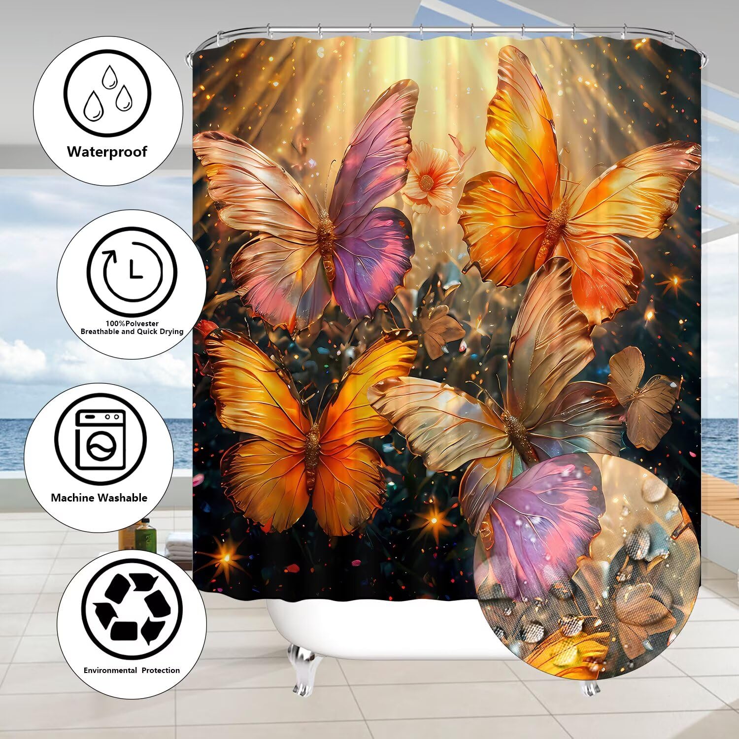 4Pcs Gold Butterfly Shower Curtain Set - Elegant Bathroom Decor with 12 Hooks, Rugs & Toilet Lid Cover - Waterproof Luxury Bath Accessories for Modern Home & Spa-Like Bathroom Experience