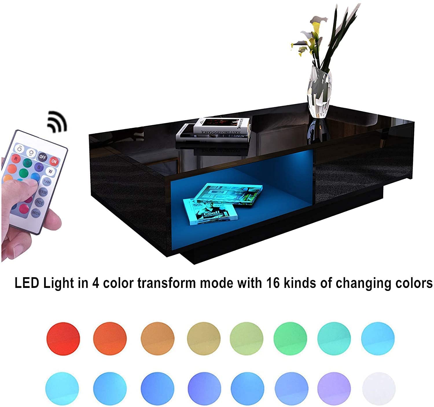 Modern High Gloss LED Coffee Table with Storage Drawer - 37.4 x 23.6 x 12.4 Inches Black Living Room Furniture for Small Spaces, Home Decor & Entertaining Guests