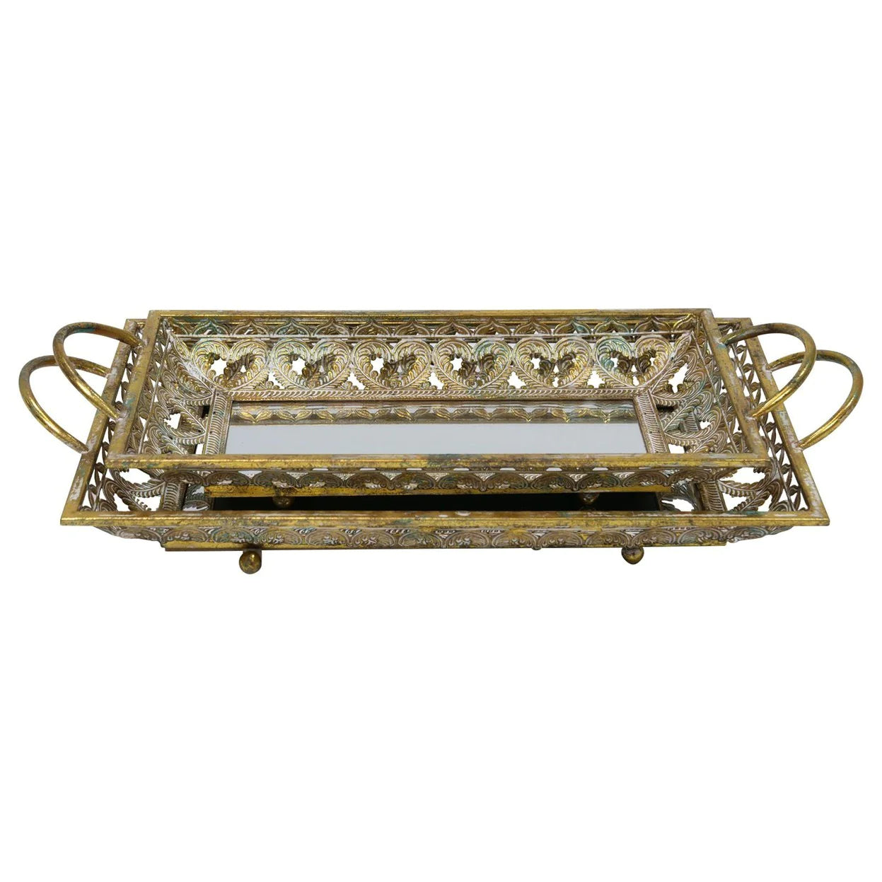 Claro Trays Set of 2 - Antique Gold Finish Serving Trays for Dining, Entertaining & Home Decor