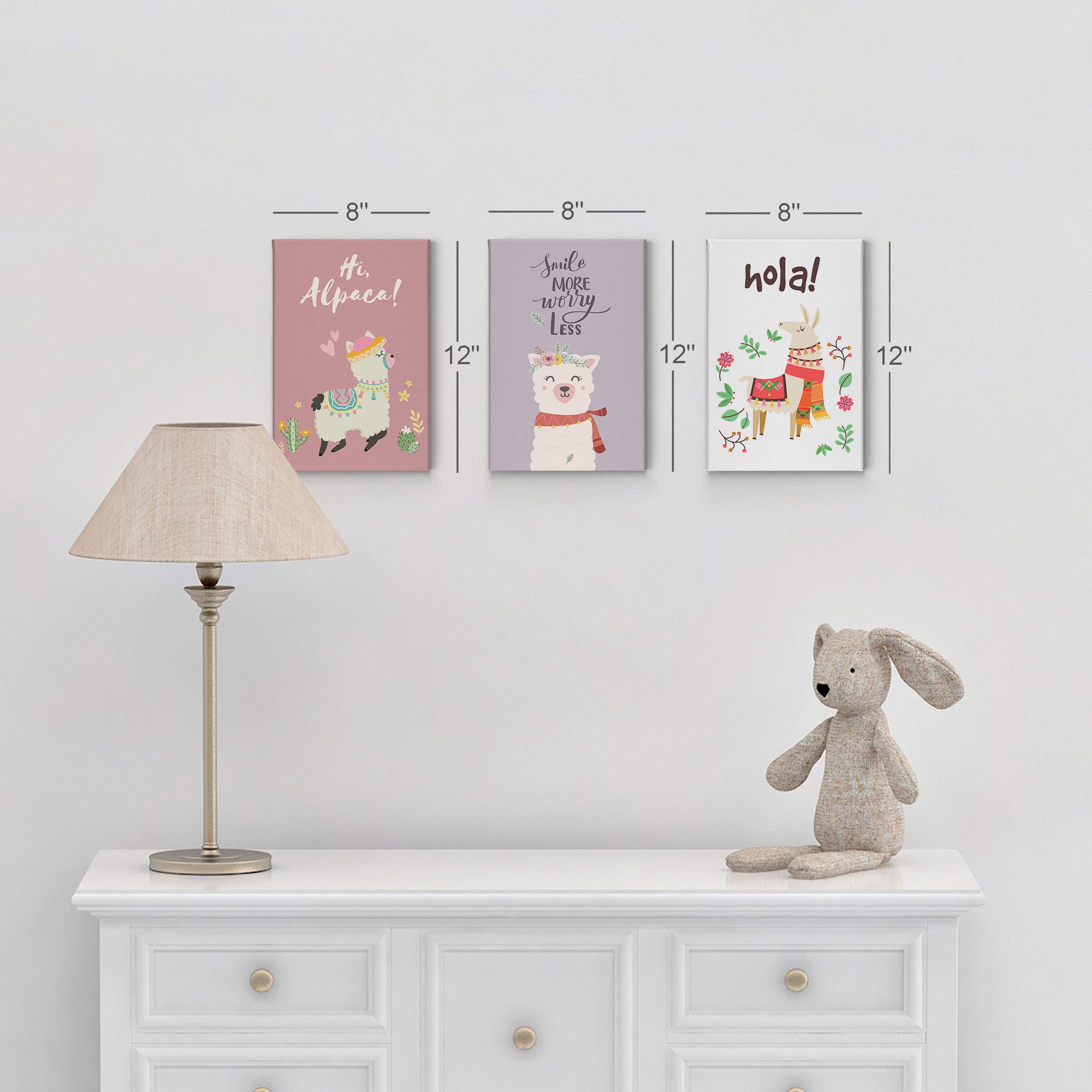 Smile Art Design Cute Alpaca Canvas Print Set - Pink, Purple & White Background - 3 Piece Kids Room Wall Art Decor for Baby Boy & Girl - Ready to Hang - Made in USA (36x24 x3) - Perfect for Nursery, Playroom & Children's Bedroom Decor