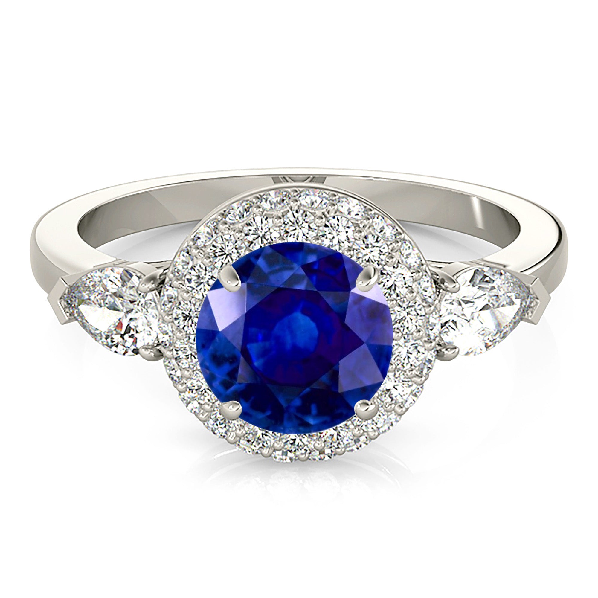 1.35 Carat Genuine Blue Sapphire Pave Halo Ring - Elegant Engagement, Wedding, Anniversary Jewelry Gift for Her