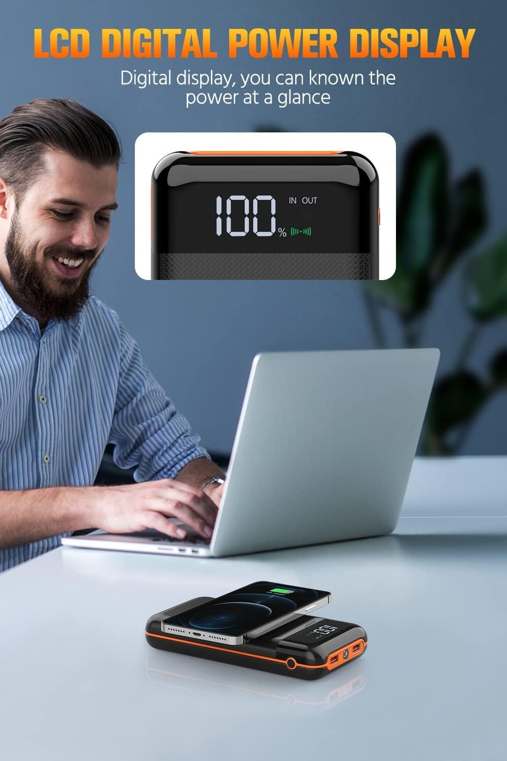**40000mAh Portable Power Bank with Flashlight - 5V3.1A Fast Charging, Built-in Cables & 10W Wireless Charger - Compatible with Smartphones, Tablets (Orange) - Perfect for Travel, Camping, and Emergency Power Backup**