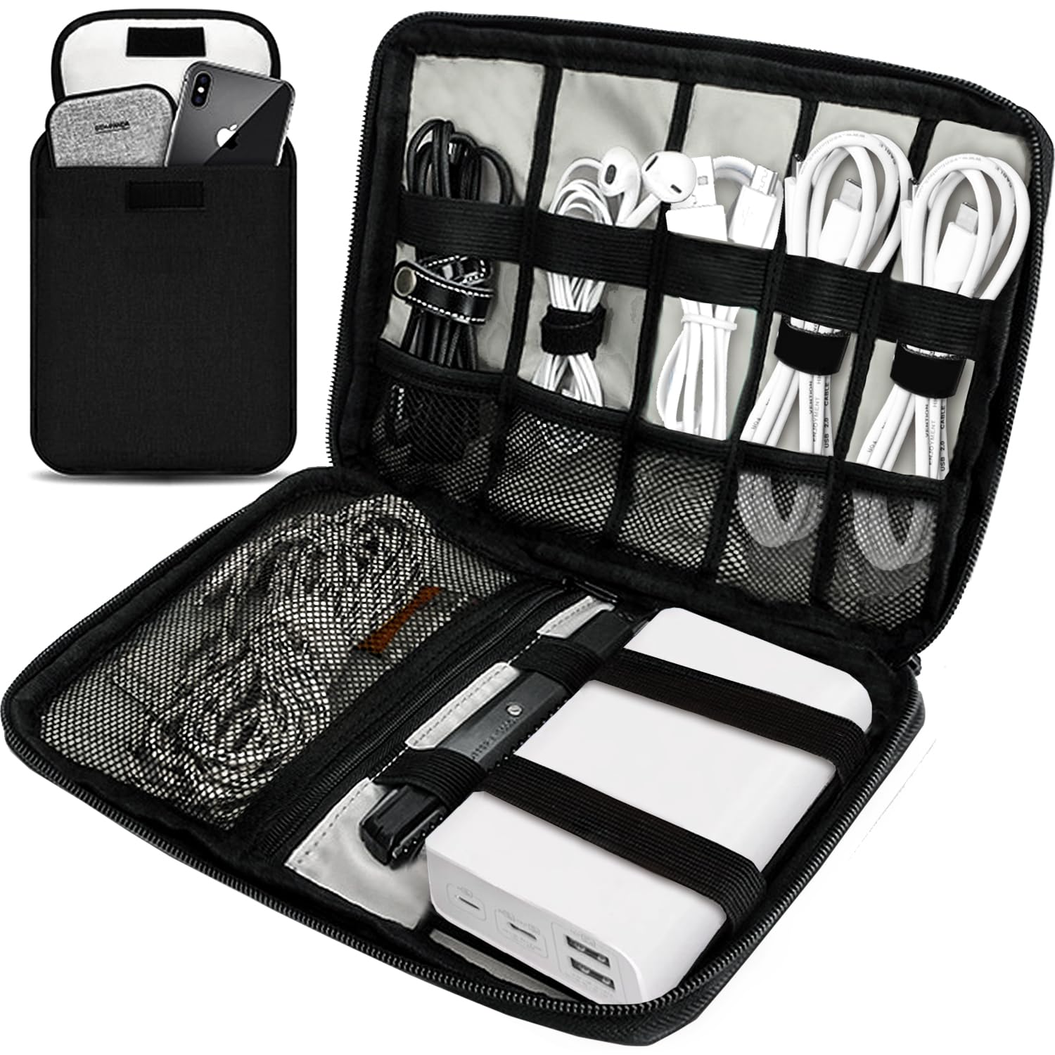 Portable Travel Cable Organizer Pouch - Waterproof Electronic Accessories Storage Bag for Charger, Phone, Earphone & SD Cards - Compact Cord Management Solution for Travel, Office & Home Use (Black)