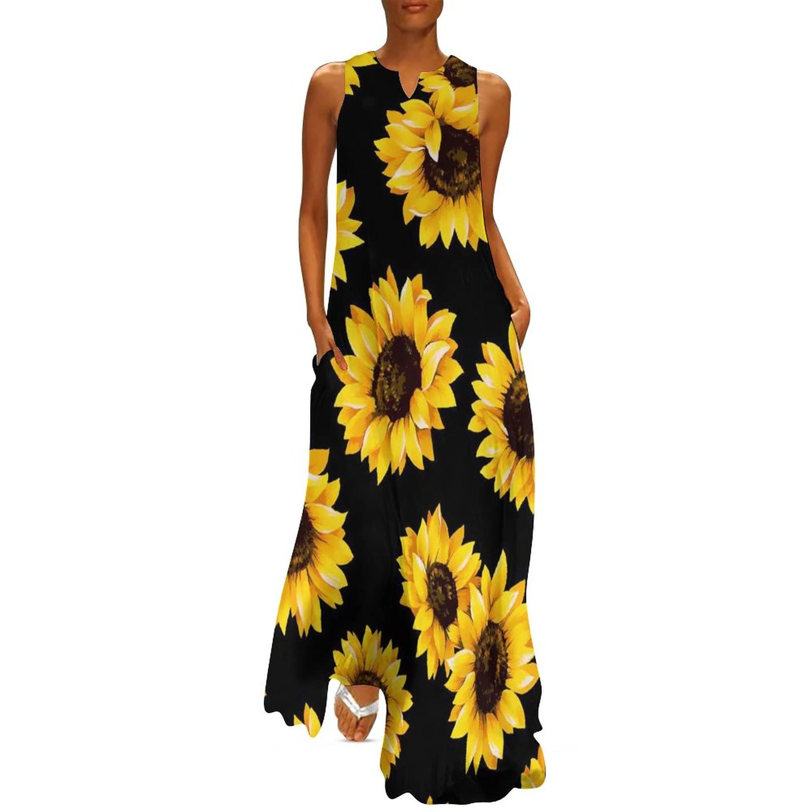 Dopindu Women's Floral Sunflower Maxi Dress - Sleeveless Loose Summer Dress with Pockets | Beach Vacation, Outdoor Party, Casual Wear