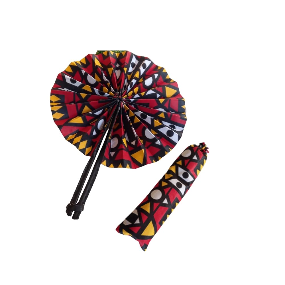 **African Handmade Round Folding Fan - Traditional Fabric Design - Elegant Handheld Cooling Fan for Travel, Weddings & Home Decor (Design 5)**