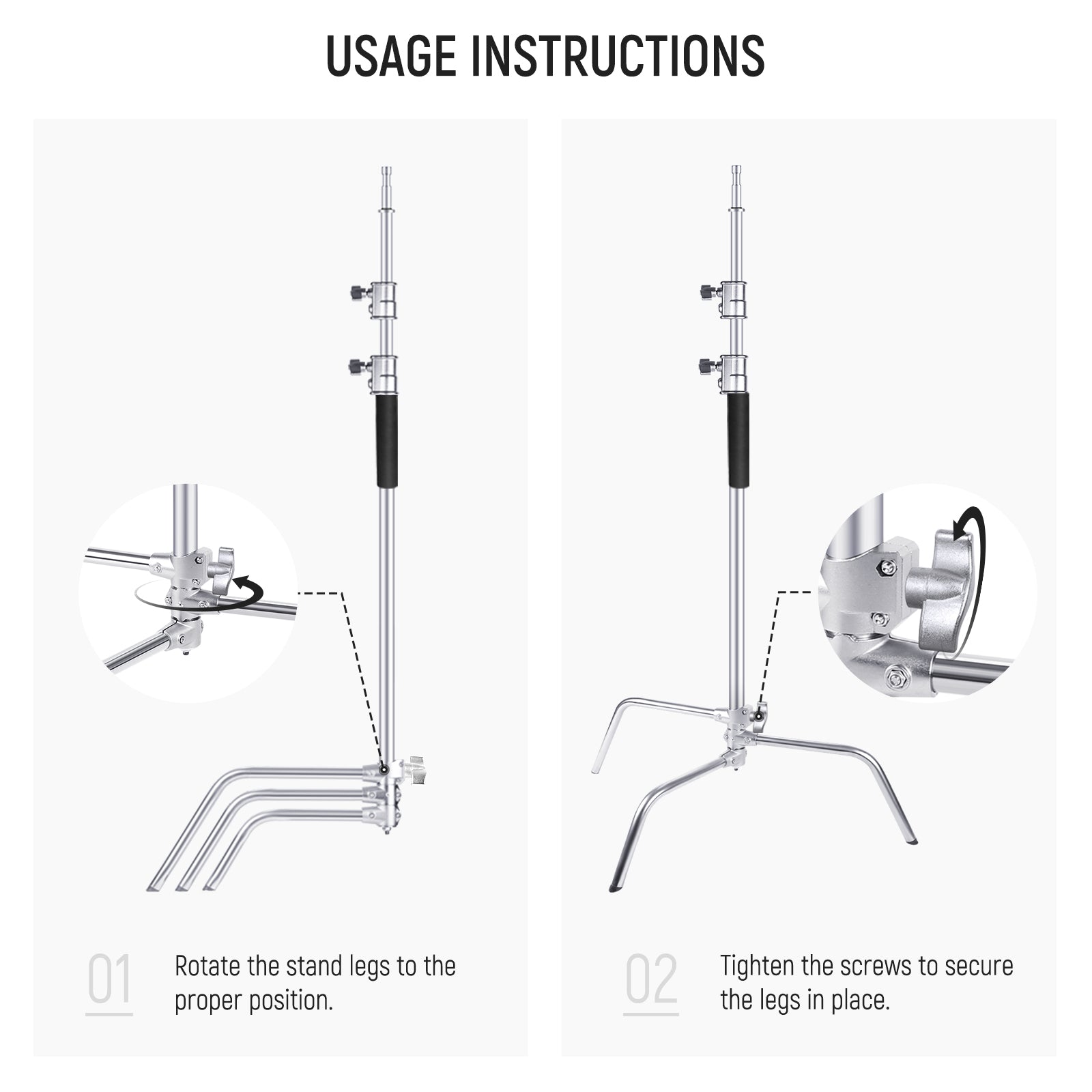 NEEWER SC310S 309cm Heavy Duty Stainless Steel C Stand with Adjustable Boom Arm & Sliding Legs - Professional Photography, Video Lighting, and Studio Equipment Support