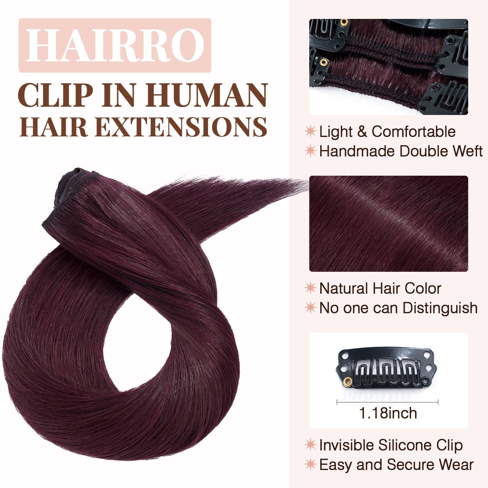 Hairro 22 Inch Clip in Human Hair Extensions - 100% Remy Human Hair, 75g Thin Weft, 8 Pcs with 18 Clips - Straight Clip on Hairpieces for Women - #99J Wine Red - Perfect for Volume, Length & Styling for Parties, Weddings & Daily Wear