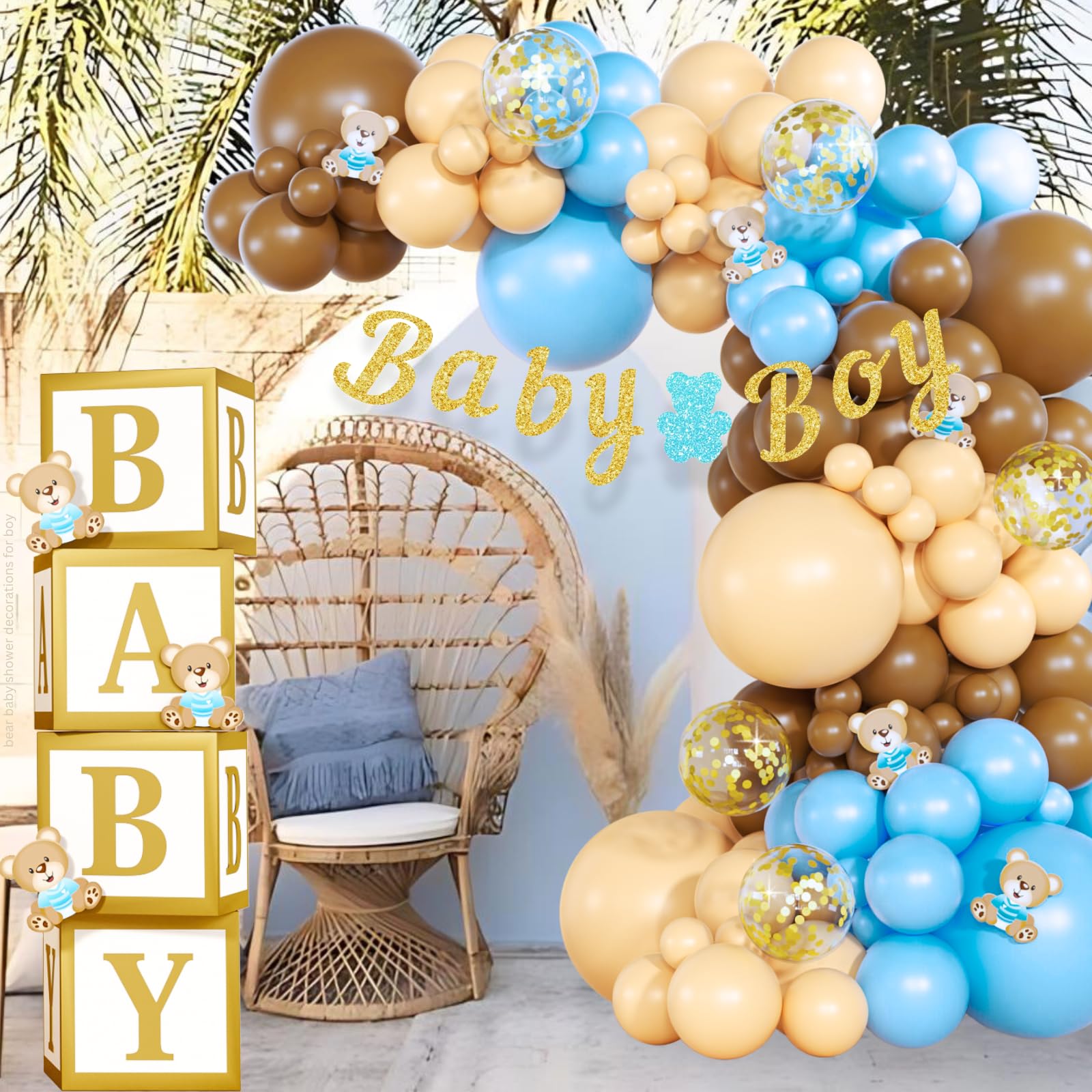 134-Piece Teddy Bear Baby Shower Decor Set for Boys - Gold Glitter Balloon Arch Garland, Baby Boxes, Banner & Bear Cutouts | Gender Reveal, Nursery Party, First Birthday Decorations