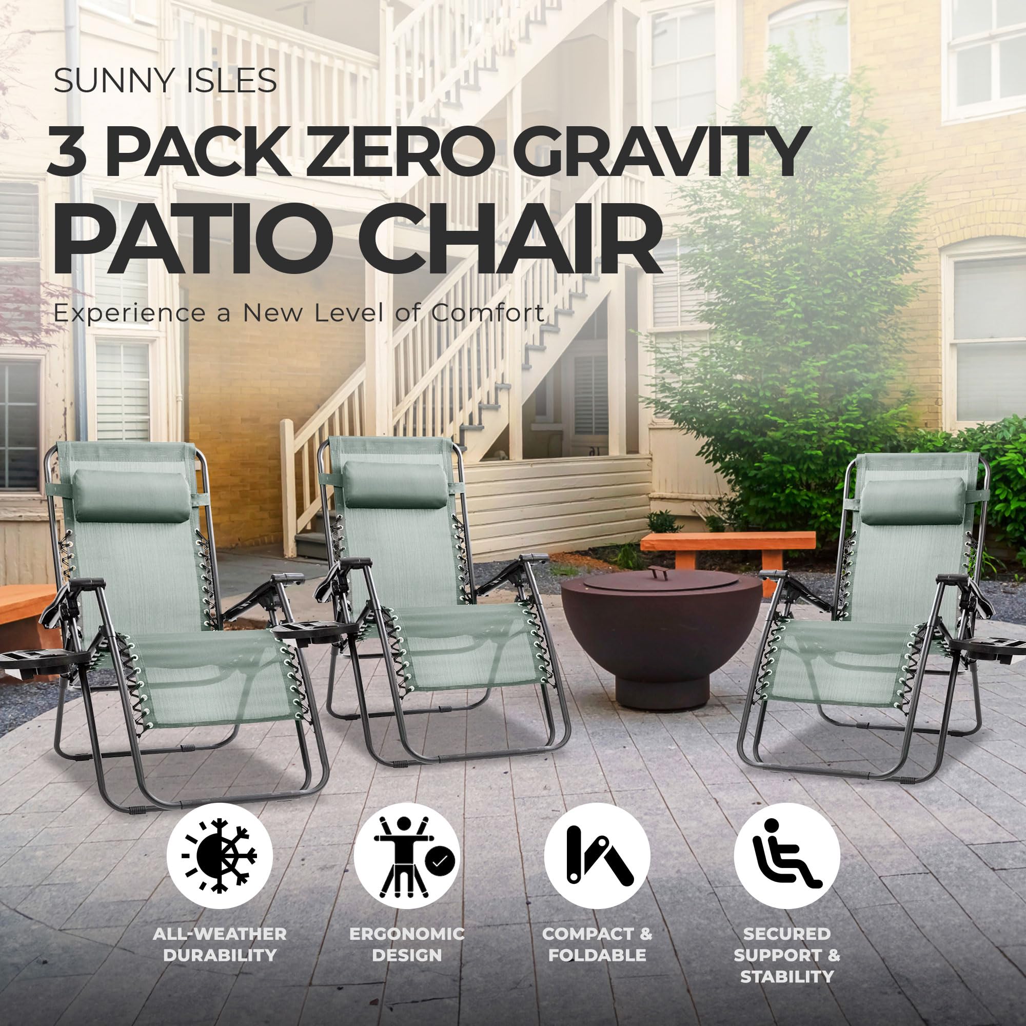 Sunny Isles XL Zero Gravity Outdoor Patio Reclining Chair - Steel Frame Comfortable Lounge Seating Furniture Set (3 Pack, Green) - Perfect for Backyard, Poolside & Beach Relaxation