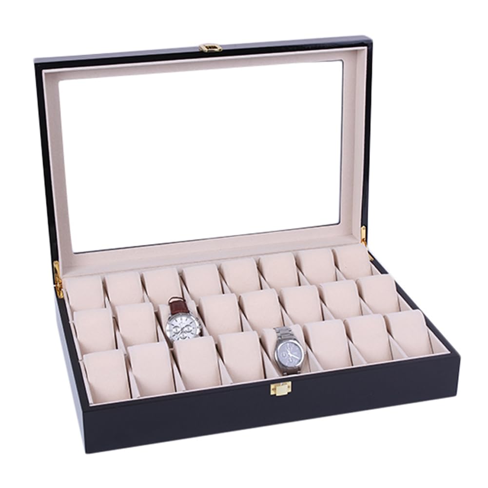24-Slot Wooden Watch Box Organizer with Glass Top - Elegant Watch Display Case for Men & Women - Perfect for Jewelry, Watches, Rings Collection & Gift Giving - Home & Office Decor Accessory