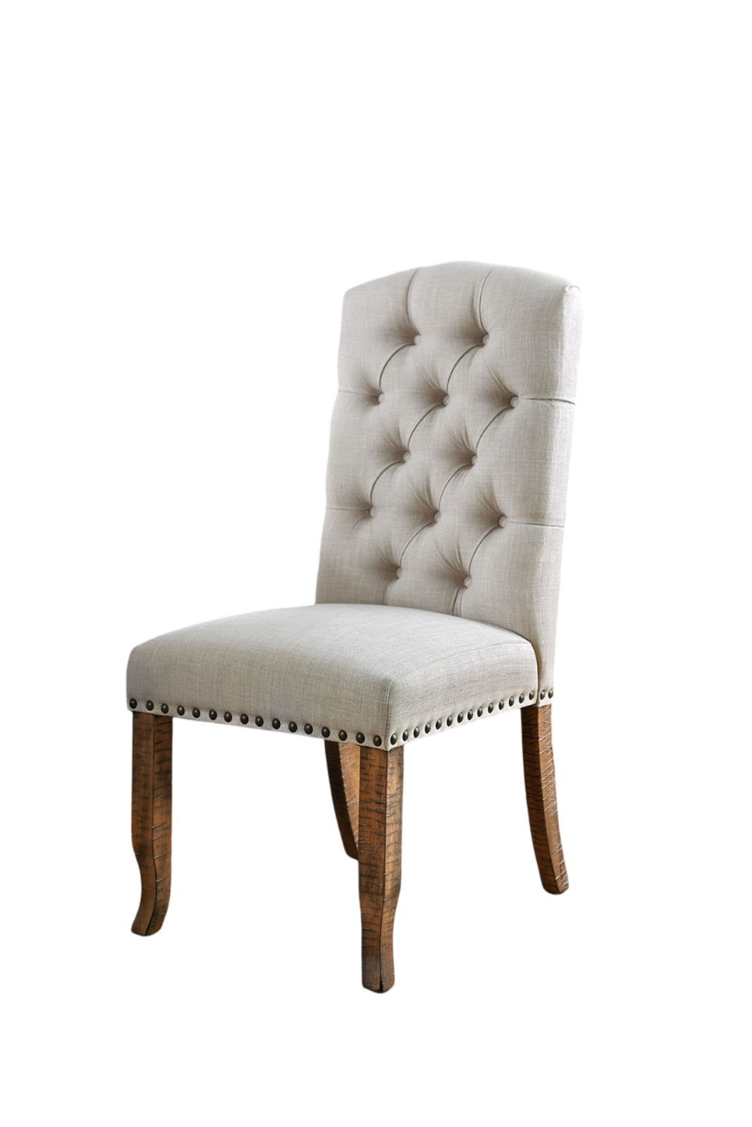 Contemporary Ivory Fabric 2-Piece Side Chairs Set - Bold Sturdy Design with Rustic Oak Solid Wood Frame, Tufted Back & Nailhead Accents - Perfect for Dining Room, Kitchen, or Home Office Furniture