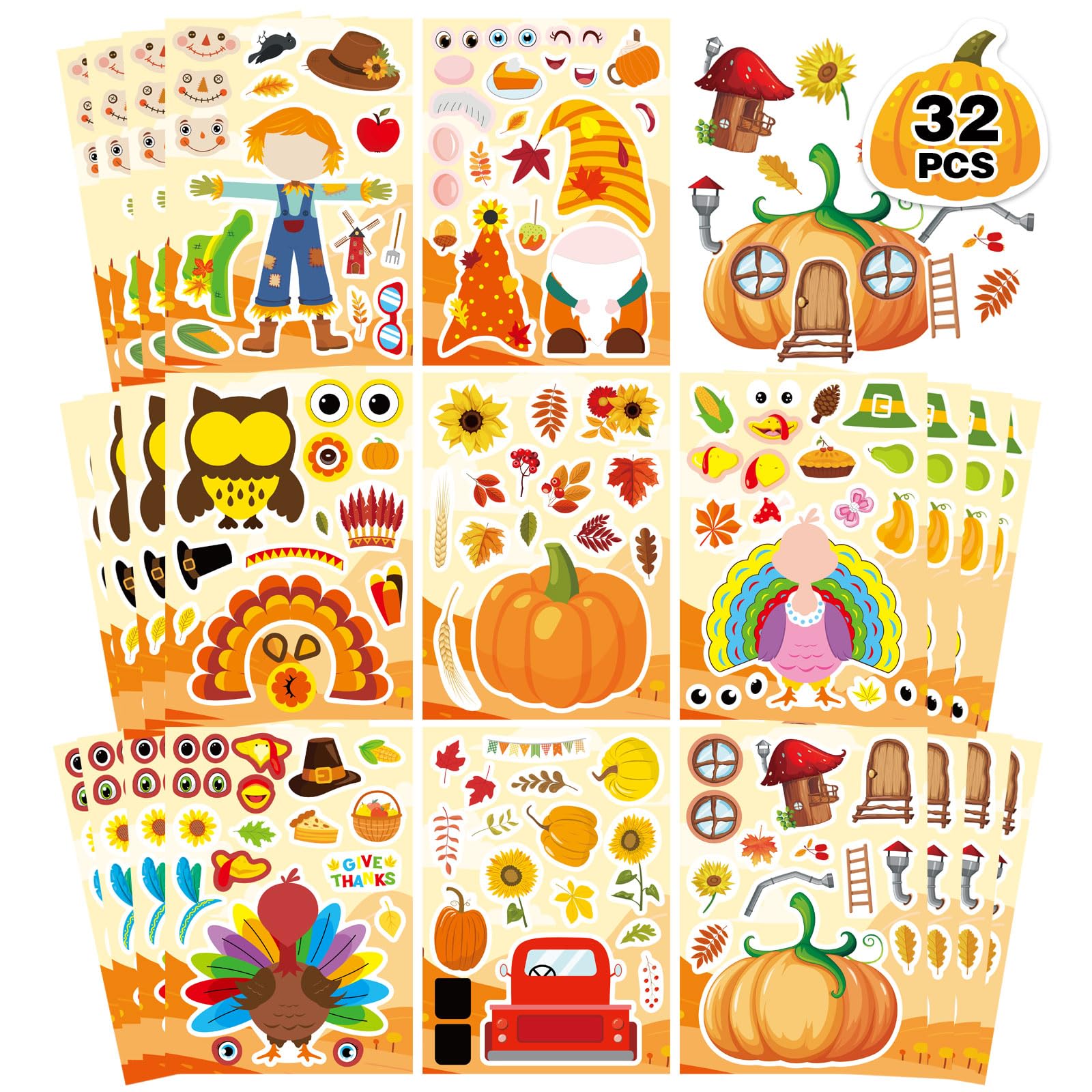 Thanksgiving Party Pack - 32 Sheets Turkey Face & Harvest Stickers, Decorations & Games for Kids & Adults | Perfect for Classroom, Home & Office Celebrations