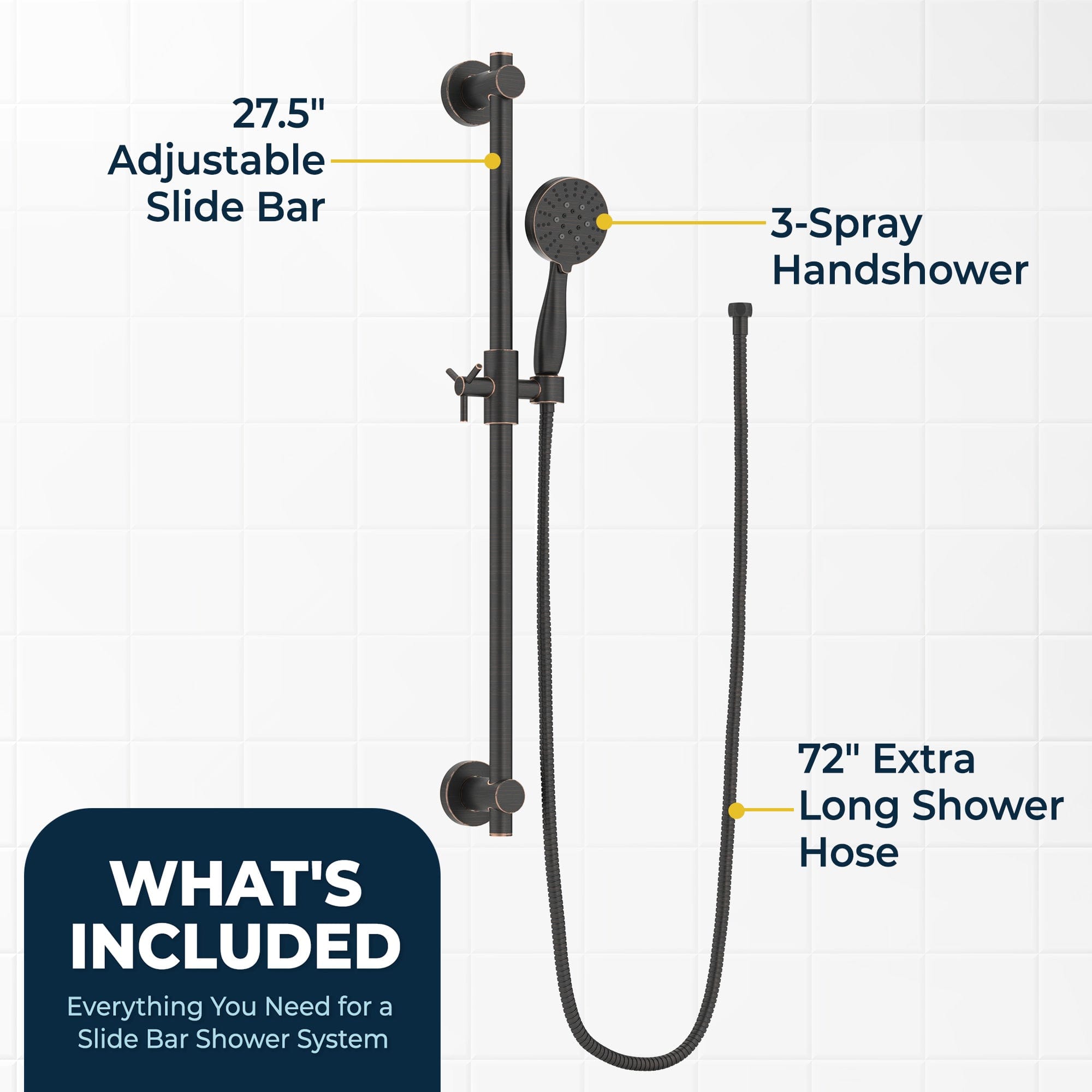 Premium All-Metal Shower Slide Bar with 3-Spray Handheld Shower Head & Hose - 2.5 GPM - Adjustable Height for Relaxing Shower Experience - Perfect for Bathroom Renovation & Spa-Like Luxury