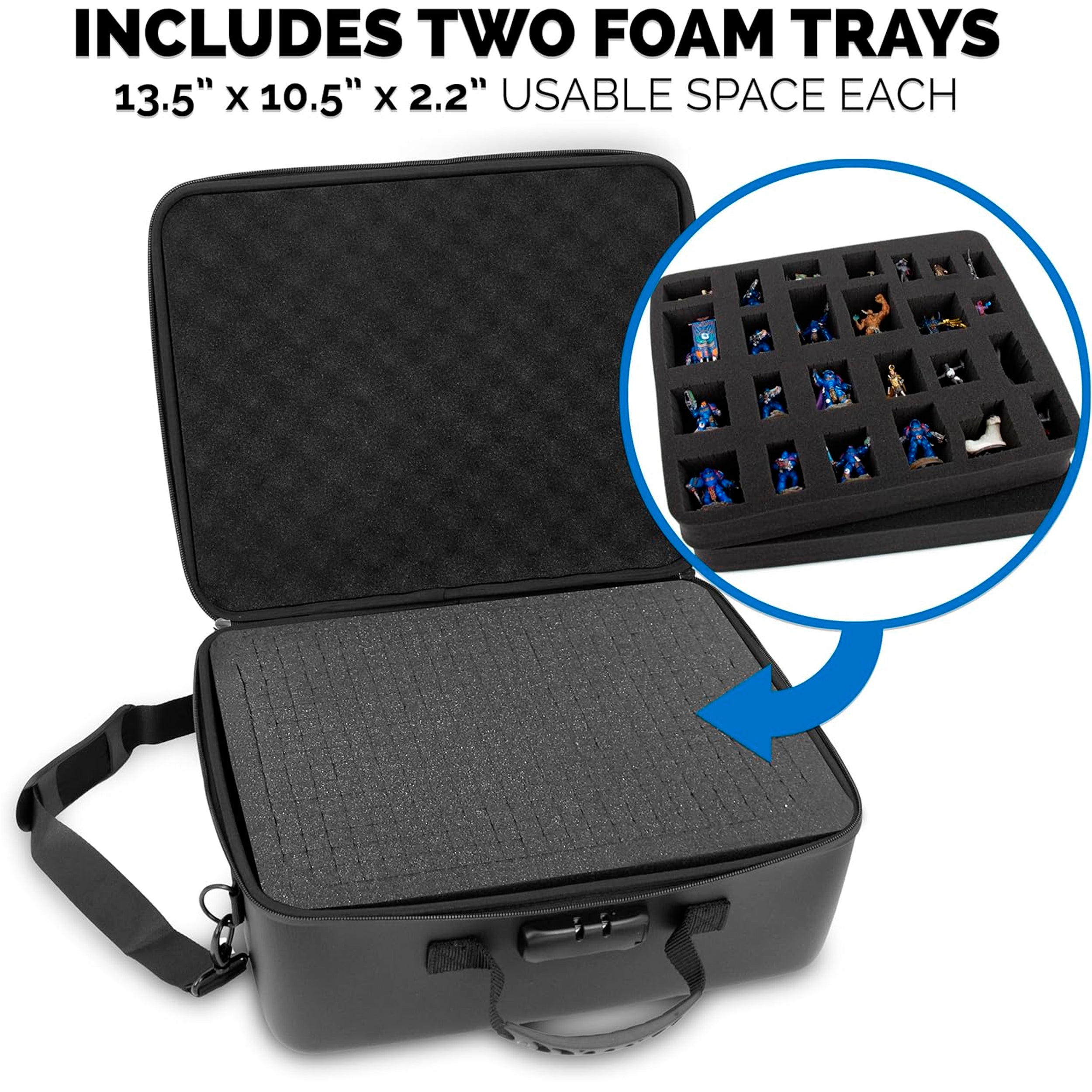 CASEMATIX Miniature Carrying Case - Customizable Mini Storage with 2 Pluck Foam Trays & Shoulder Strap for Tabletop RPG, Warhammer, D&D Miniatures - Perfect for Gaming, Travel & Organized Storage