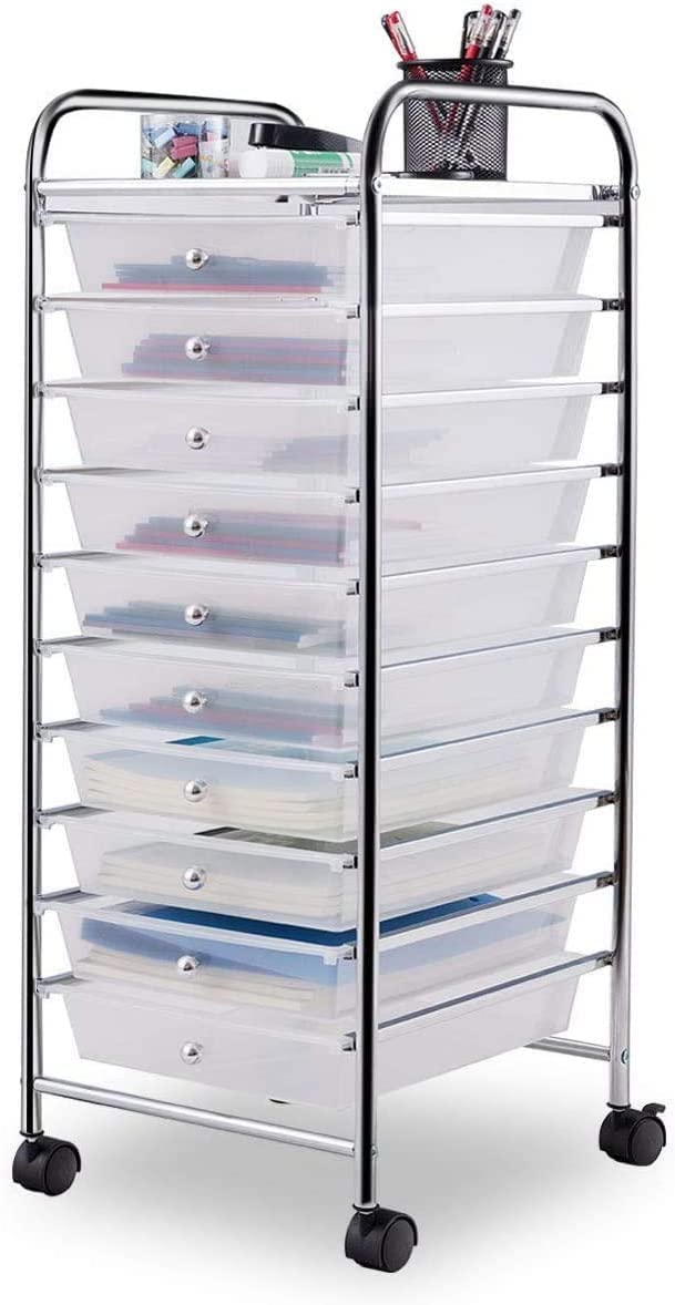 HOMGX 10-Drawer Rolling Storage Cart Organizer with Wheels - Multicolor 10-Tier Mobile Storage Trolley for Office, School, Home - Perfect for Organizing Files, Stationery, Craft Supplies & Household Items