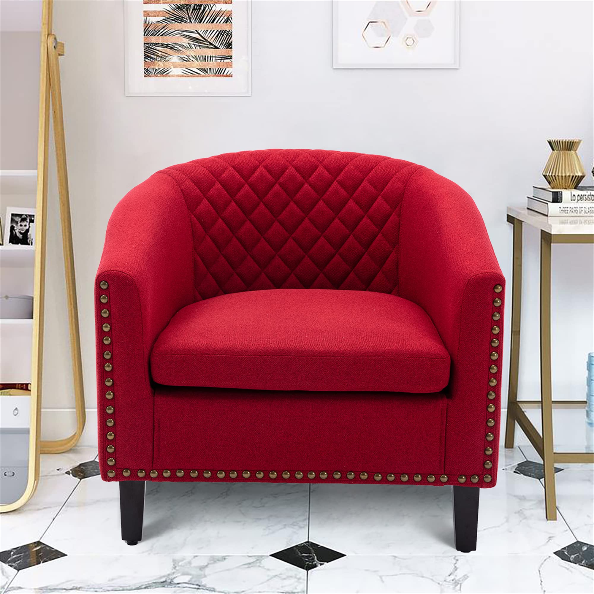 Vintage Bucket Chair - Upholstered Accent Chair with Brass Nails, Red Linen Fabric for Living Room, Bedroom & Office Decor - Comfortable Lounge Seating for Reading Nook or Cozy Corner