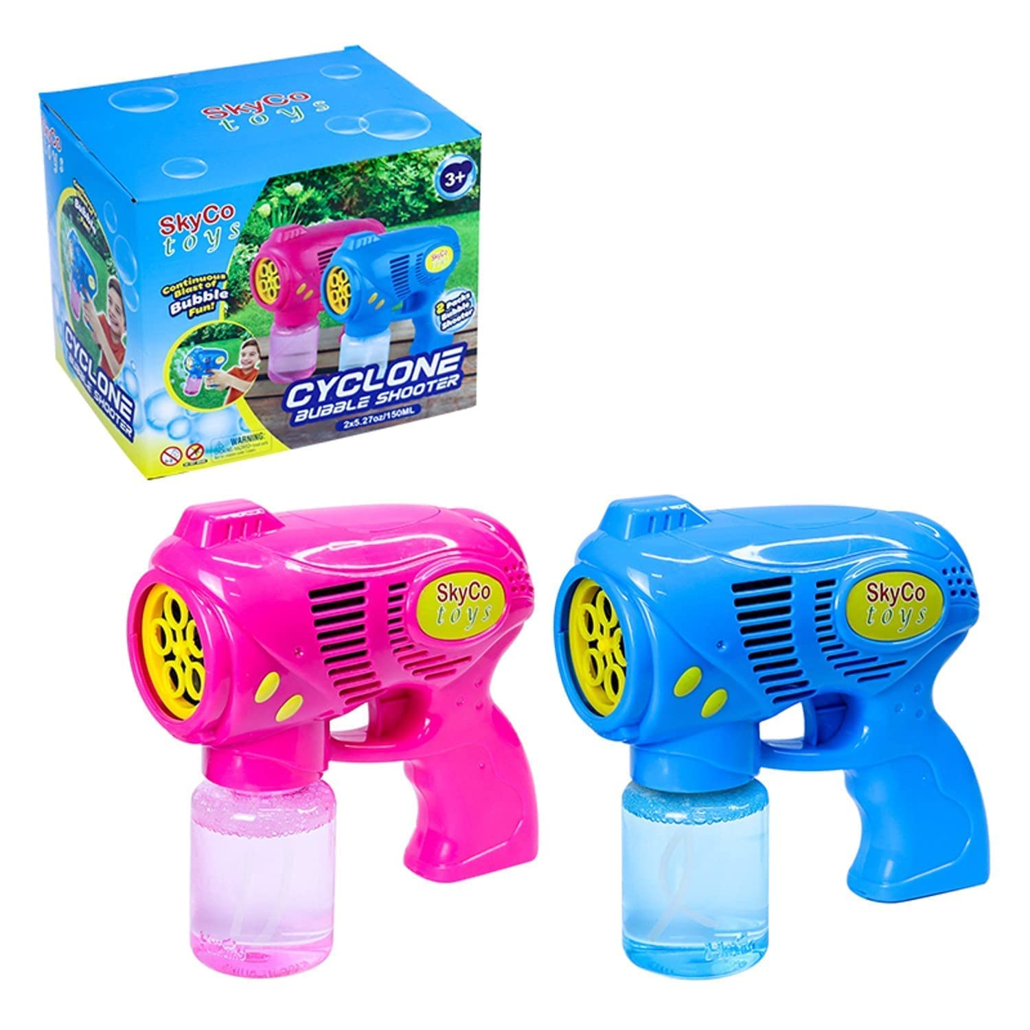 SkyCo Bubble Guns for Kids - 2pcs Pink & Blue Bubble Blasters for Outdoor Play & Parties