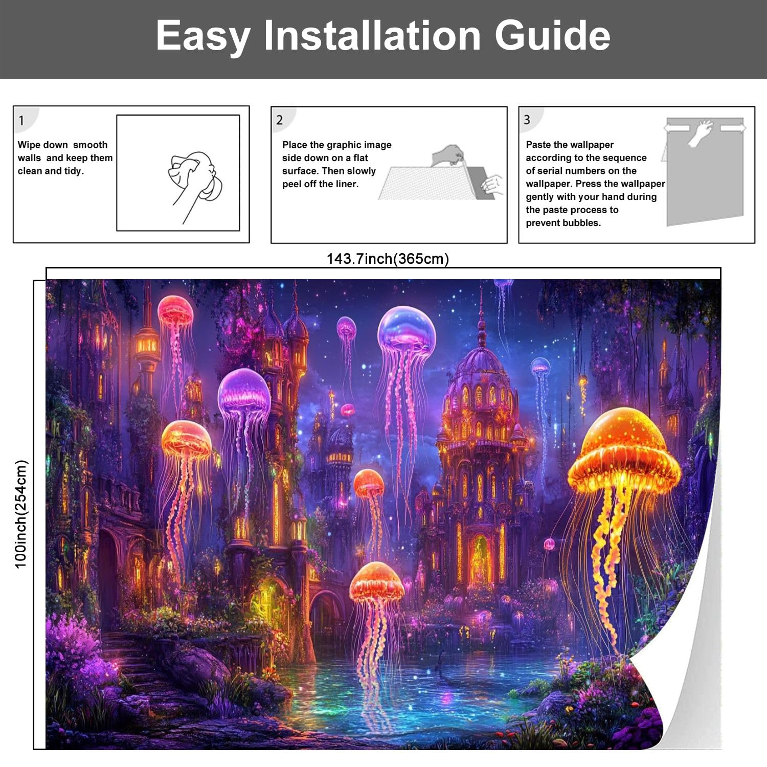 Modern Peel and Stick Wallpaper Mural - Jellyfish Fantasy Glow Lights Self-Adhesive Removable Wall Stickers for Kids Room, Living Room & Bedroom (100''x144'') - Perfect for Birthday & Christmas Gifts, TV Background & Home Decor