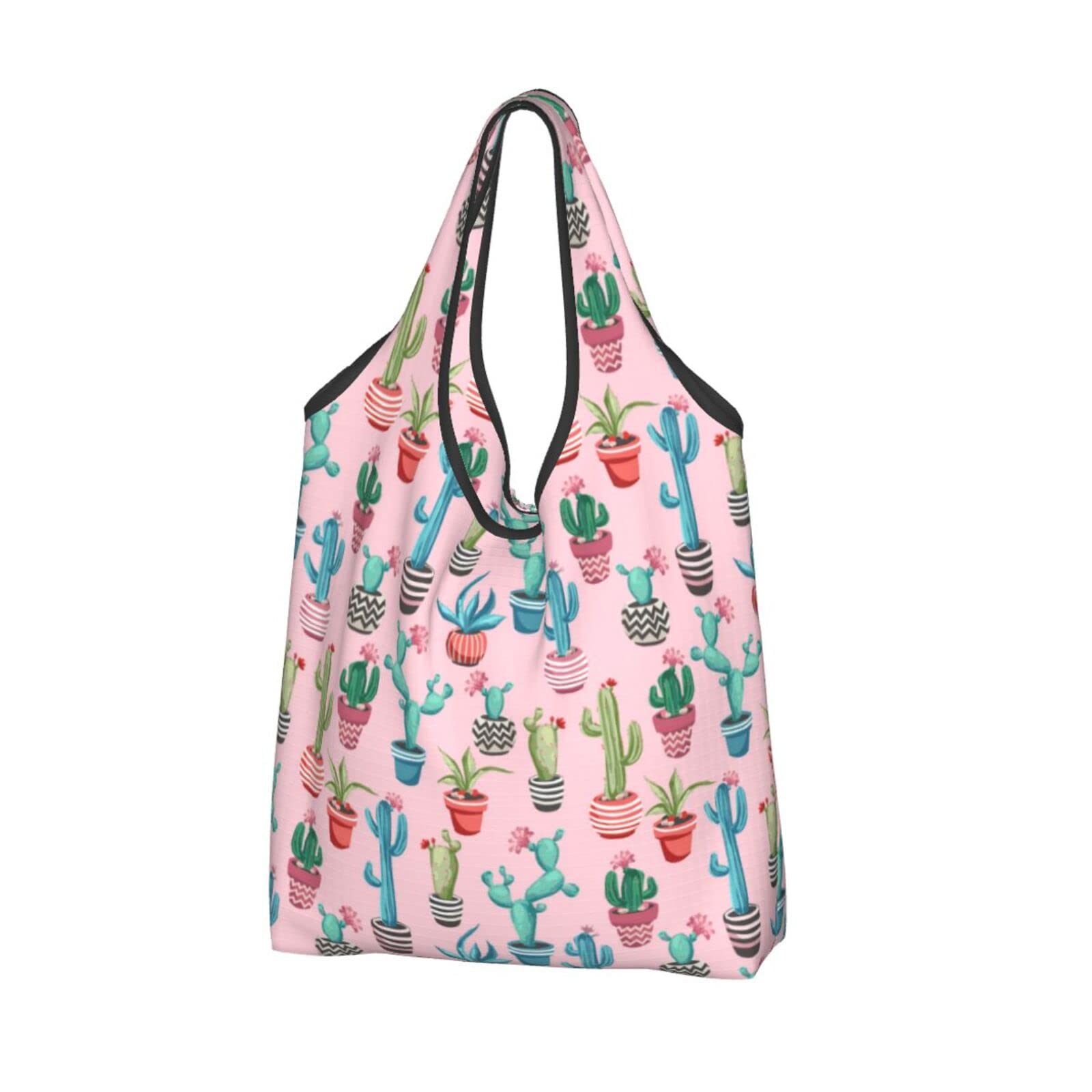 Eco-Friendly Cactus Flower Reusable Shopping Bags - Waterproof Grocery Tote with Zipper, Large Foldable Market Bag for Groceries, Beach, Travel & Gym | Sustainable & Durable