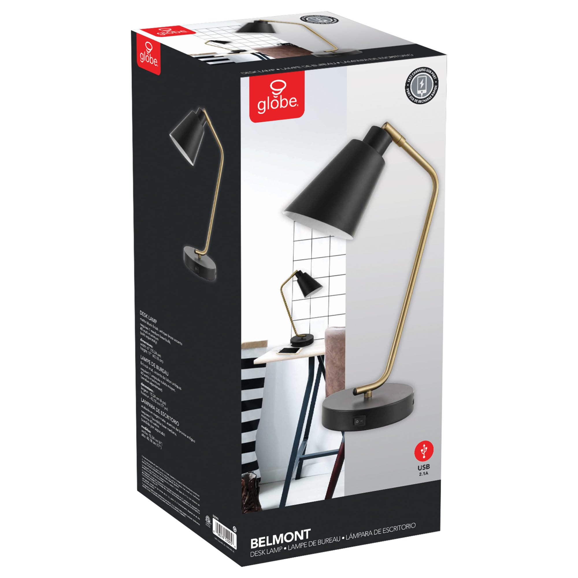Globe Electric 52095 Belmont Desk Lamp - Adjustable LED Office Lamp with USB Port, Perfect for Home Office, Study, and Reading