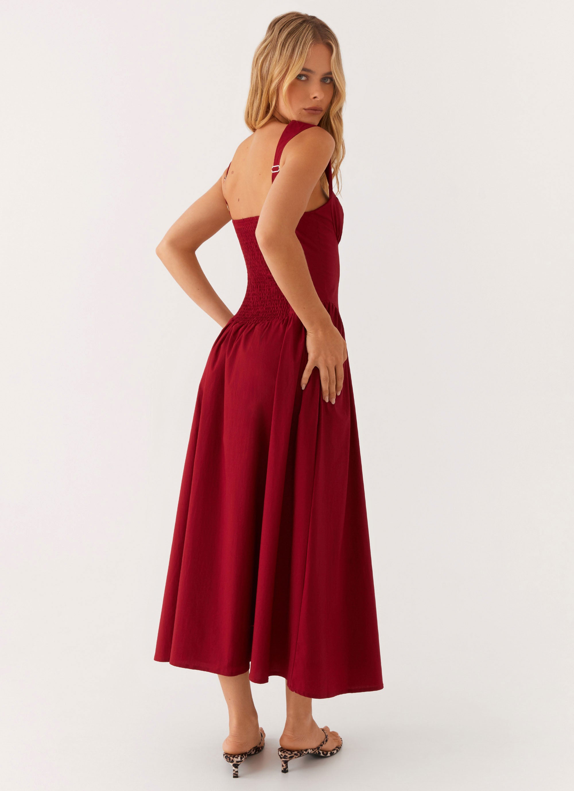 Emmalina Midi Dress - Deep Red Floral Print Women's Summer Dress | Casual & Party Wear for Beach, Wedding & Date Night
