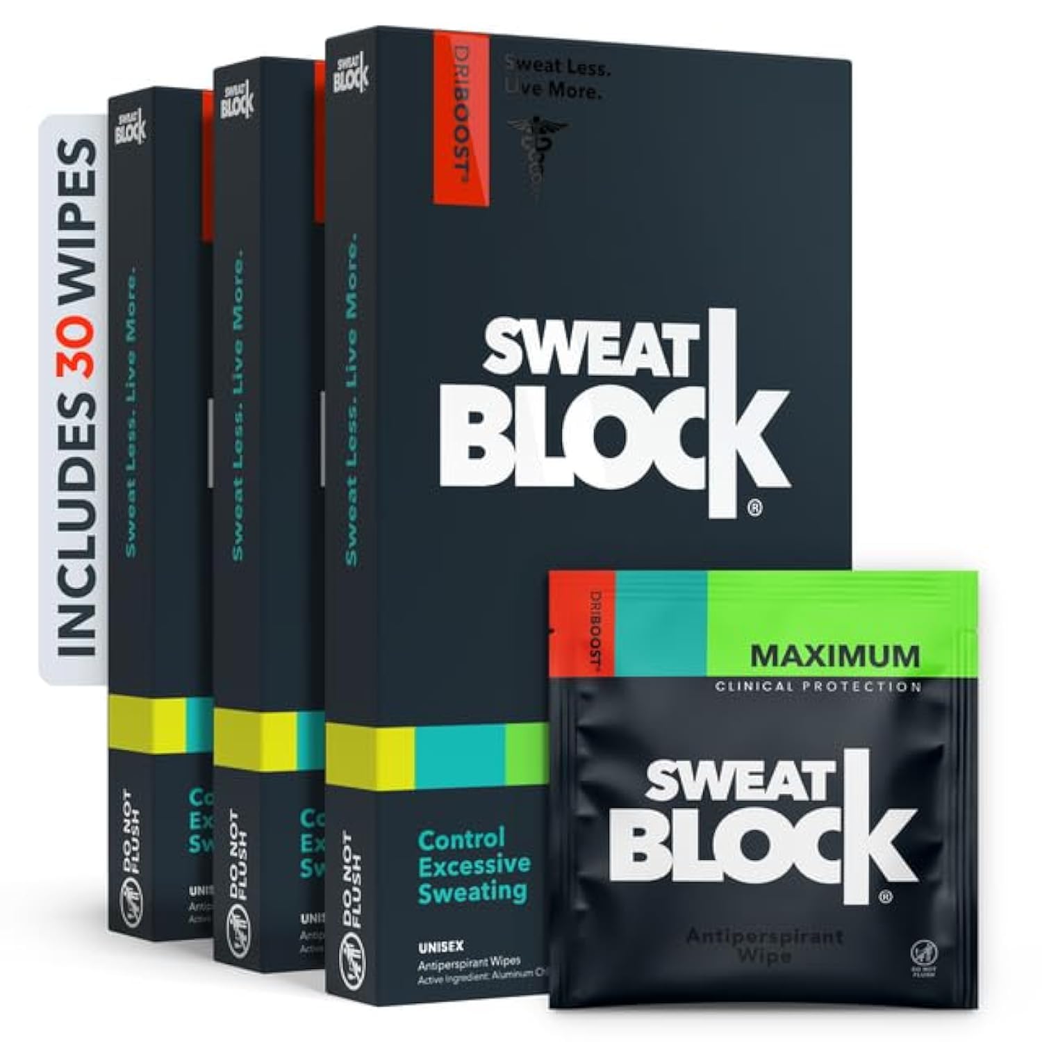 SweatBlock Clinical Strength Antiperspirant Wipes for Hyperhidrosis - 7 Days Sweat Protection per Wipe - Dermatologist Tested for Men, Women & Teens - 30 Count Pack - Ideal for Gym, Work & Social Events
