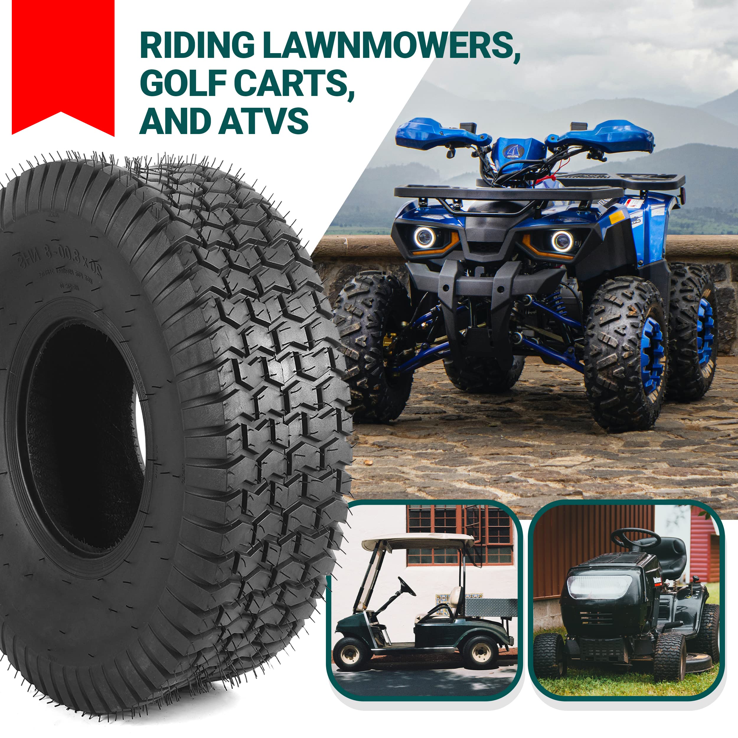 (2-Pack) 20x8.00-8 4-Ply Tubeless Lawn Mower Tires - Heavy Duty Replacement for Riding Lawn Mowers, Golf Carts & ATVs (Rim Not Included) - Perfect for All-Terrain Use on Grass, Mud & Rough Surfaces