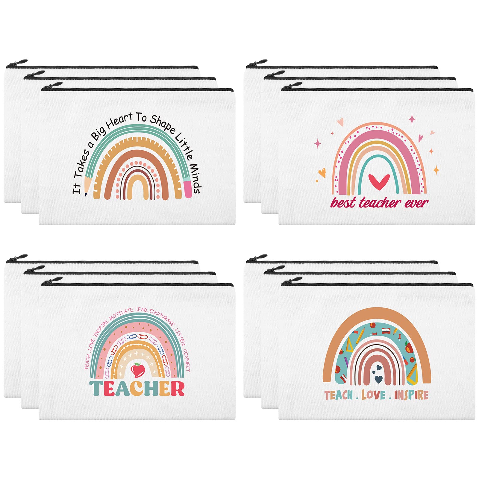12 Pcs Teacher Appreciation Gifts - Cute Rainbow Heart Makeup Bags, Travel Toiletry & Cosmetic Pencil Pouch for Women - Perfect Thank You Gifts for Teachers, Nurses, Students & Friends - Great for School, Travel & Daily Use