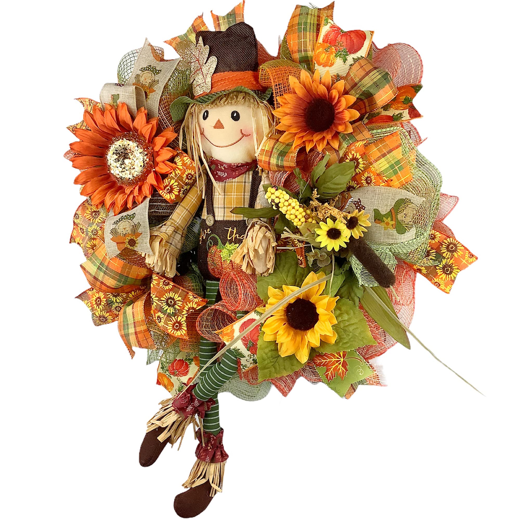 Handmade Fall Scarecrow Wreath with Sunflowers, Autumn Leaves & Bow - Rustic Front Door Decor for Autumn Season | Perfect for Thanksgiving, Halloween & Seasonal Home Decoration