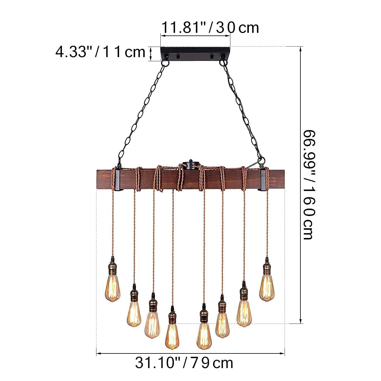 Farmhouse Pendant Lights for Kitchen Island - Rustic Dining Room Ceiling Light Fixture with 8 E26 Bulb Sockets - Black Metal & Wood Beam Hanging Lights - Perfect for Farmhouse, Industrial, and Modern Home Decor
