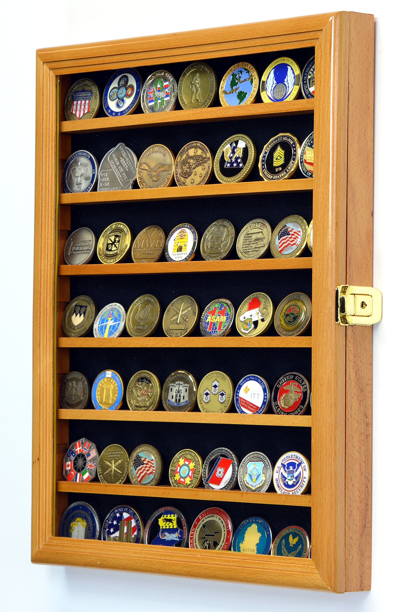Military Challenge Coin Display Case - UV Protected Lockable Wall Cabinet in Oak Wood - Perfect for Collectors, Veterans, and Home Office Decor