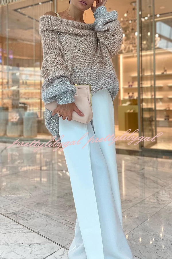 Make It Shine Knit Sequin Off Shoulder Loose Sweater | Women's Glitter Party Top | Perfect for Christmas, NYE & Special Occasions