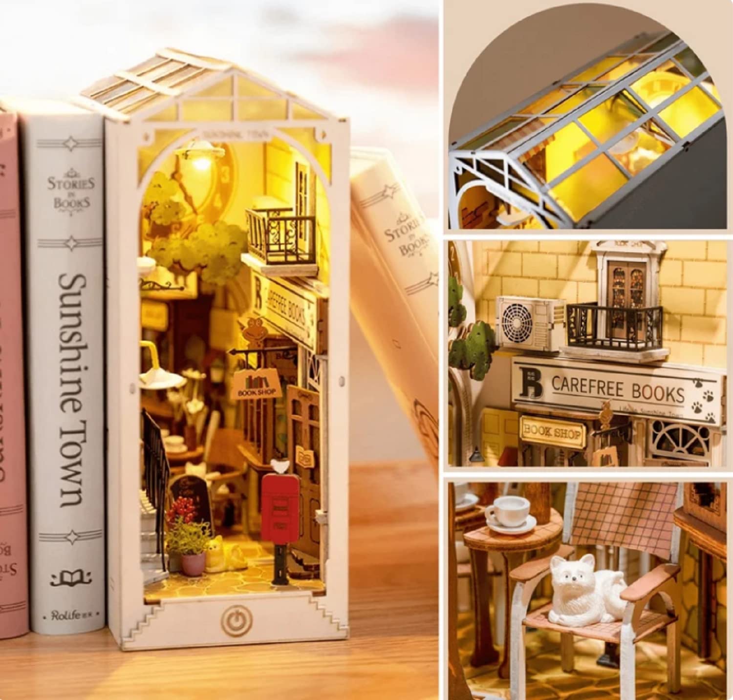 Rolife DIY Book Nook Kit - Wooden Decorative Bookends with LED Lights for Home & Office Decor | Miniature Dollhouse Model Building Kits | Perfect for Bookshelf Insert, Gift Giving & Creative Hobbyists