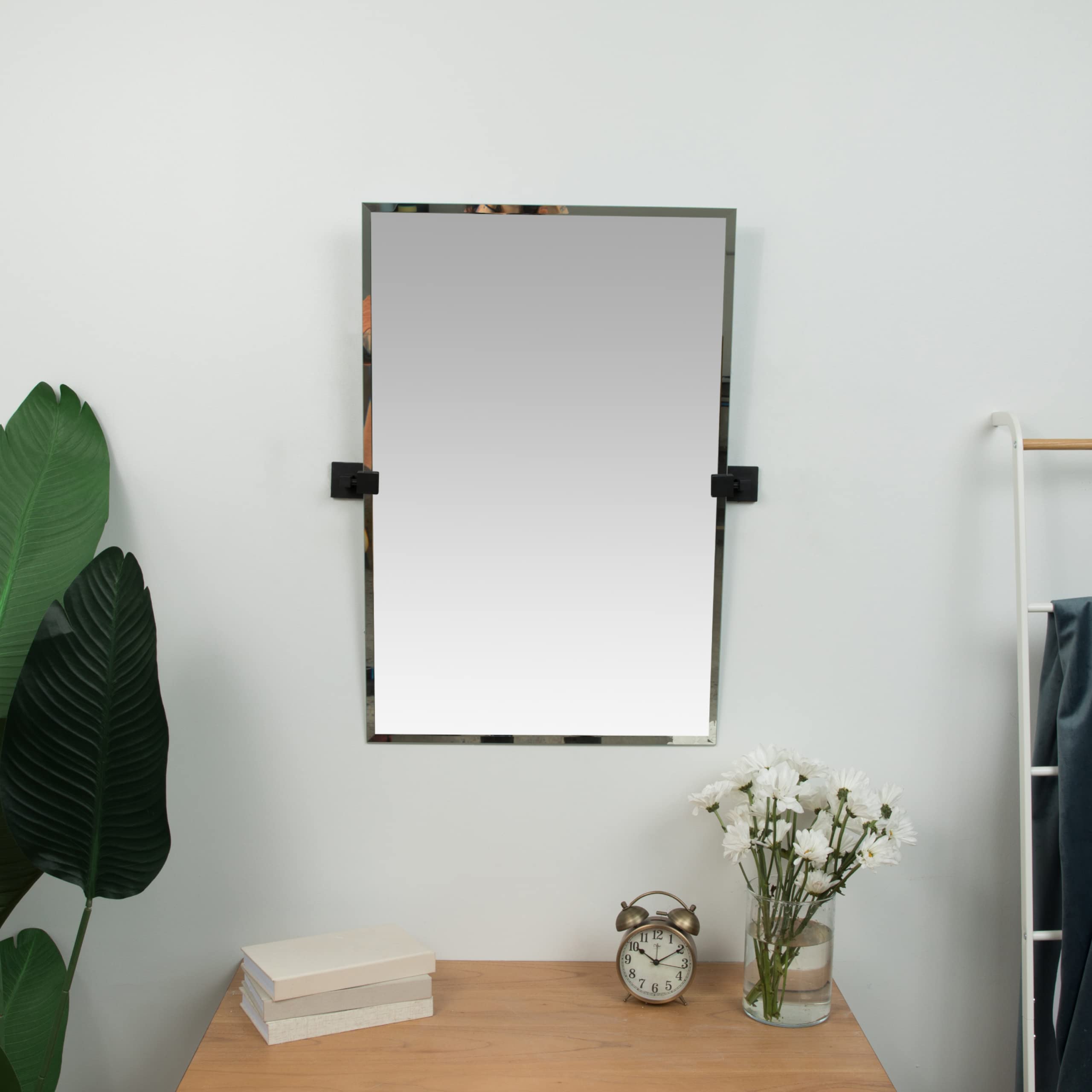 20x30 Inch Pivot Wall Mirror with Matte Black Brackets - Frameless Rectangular Bathroom Mirror - Adjustable & Tilting Vanity Mirror for Modern Farmhouse Decor - Perfect for Bathroom, Bedroom, and Entryway