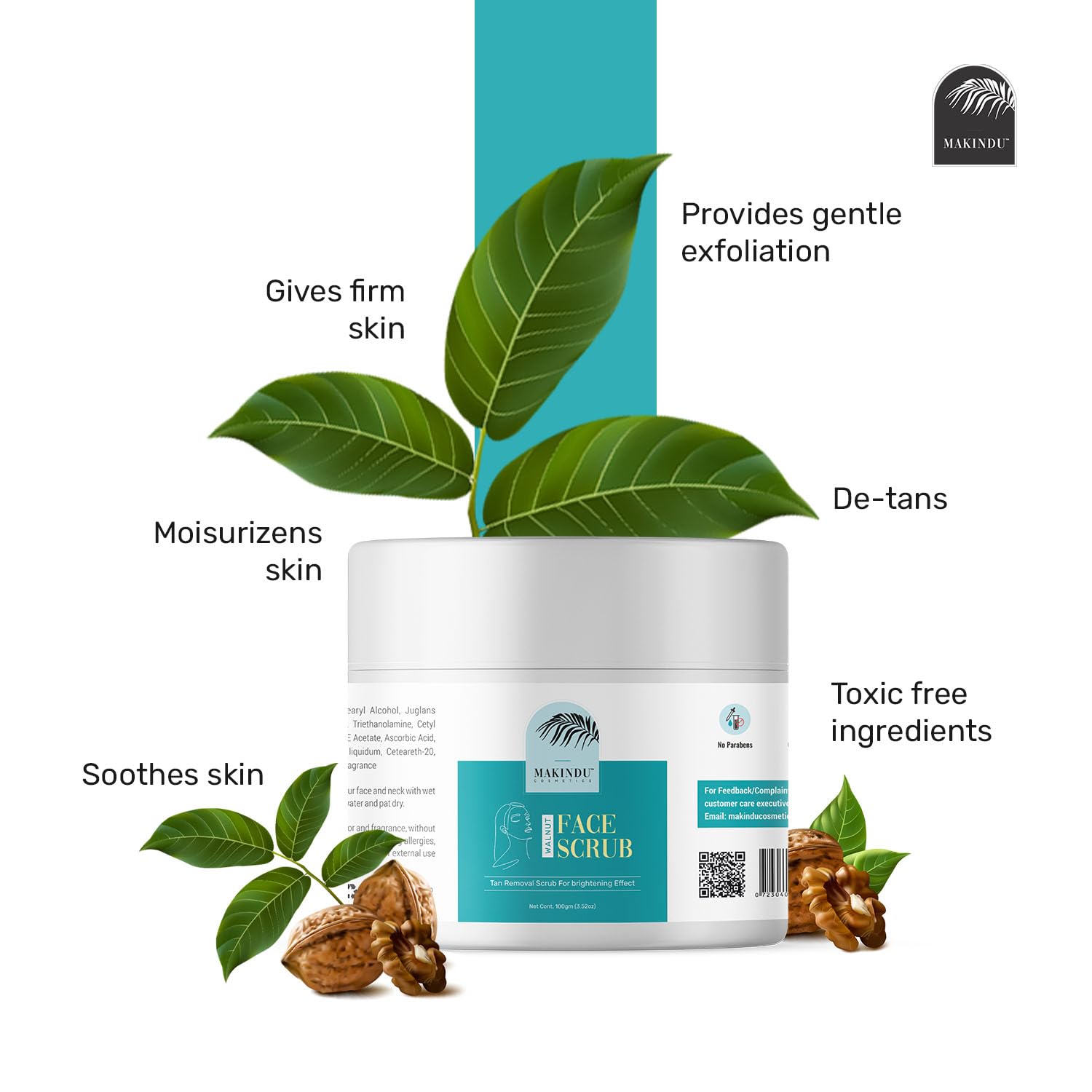 MAKINDU Walnut Face Scrub 100g - Natural Exfoliator for Tan Removal, Deep Cleansing & Skin Brightening | Blackhead & Whitehead Remover, Dead Skin Eliminator | Detan Pack for Glowing Skin | Suitable for Women & Men | Perfect for Daily Skincare Routine & Post-Sun Care