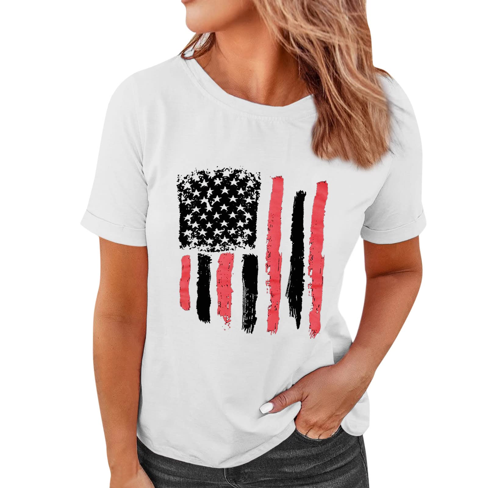Women's Patriotic T-Shirts - 4th of July American Flag Printed Tee, Short Sleeve Summer Blouse - Perfect for Independence Day Celebrations, BBQ Parties & Casual Outings