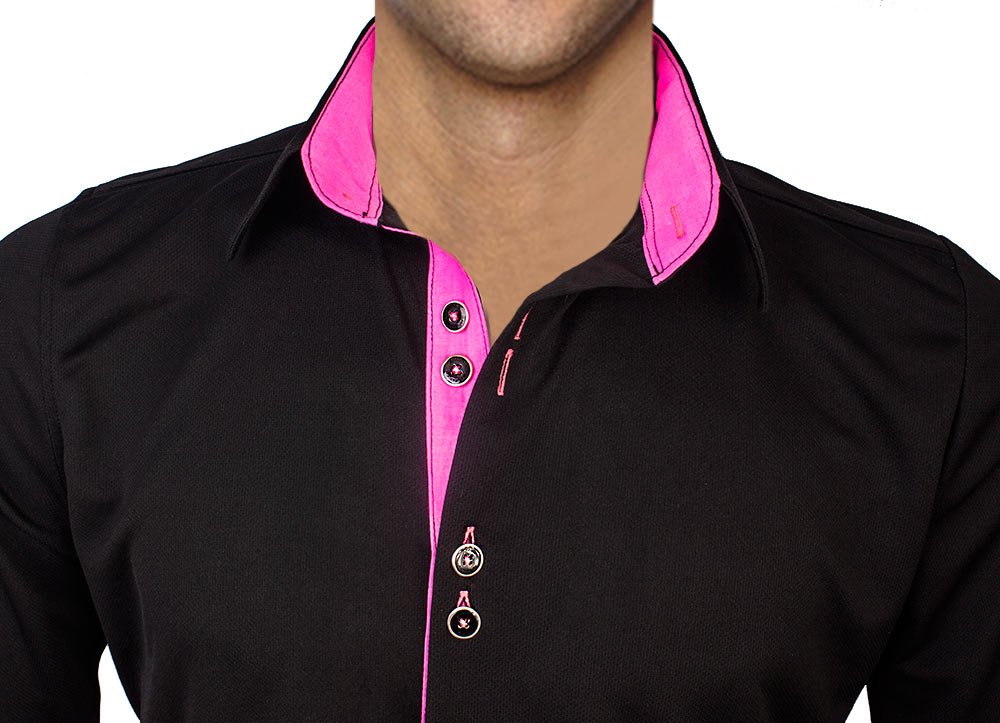 Black & Neon Pink Moisture-Wicking Dress Shirt for Men | Breathable Quick-Dry Business Casual Shirt | Made in USA | Perfect for Office Work, Summer Travel & Outdoor Events